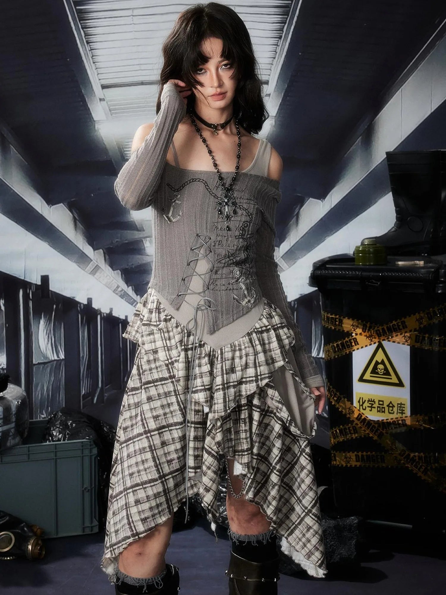 Acid Washed Asymmetrical Lace Ruffle Mini Dress