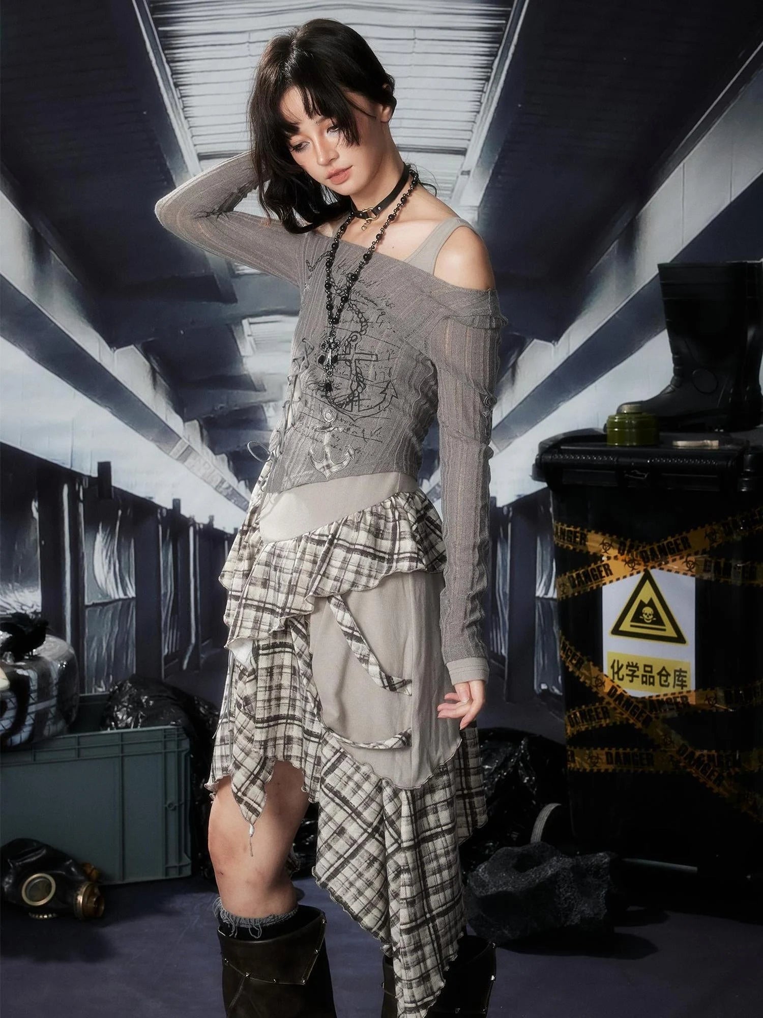 Acid Washed Asymmetrical Lace Ruffle Mini Dress