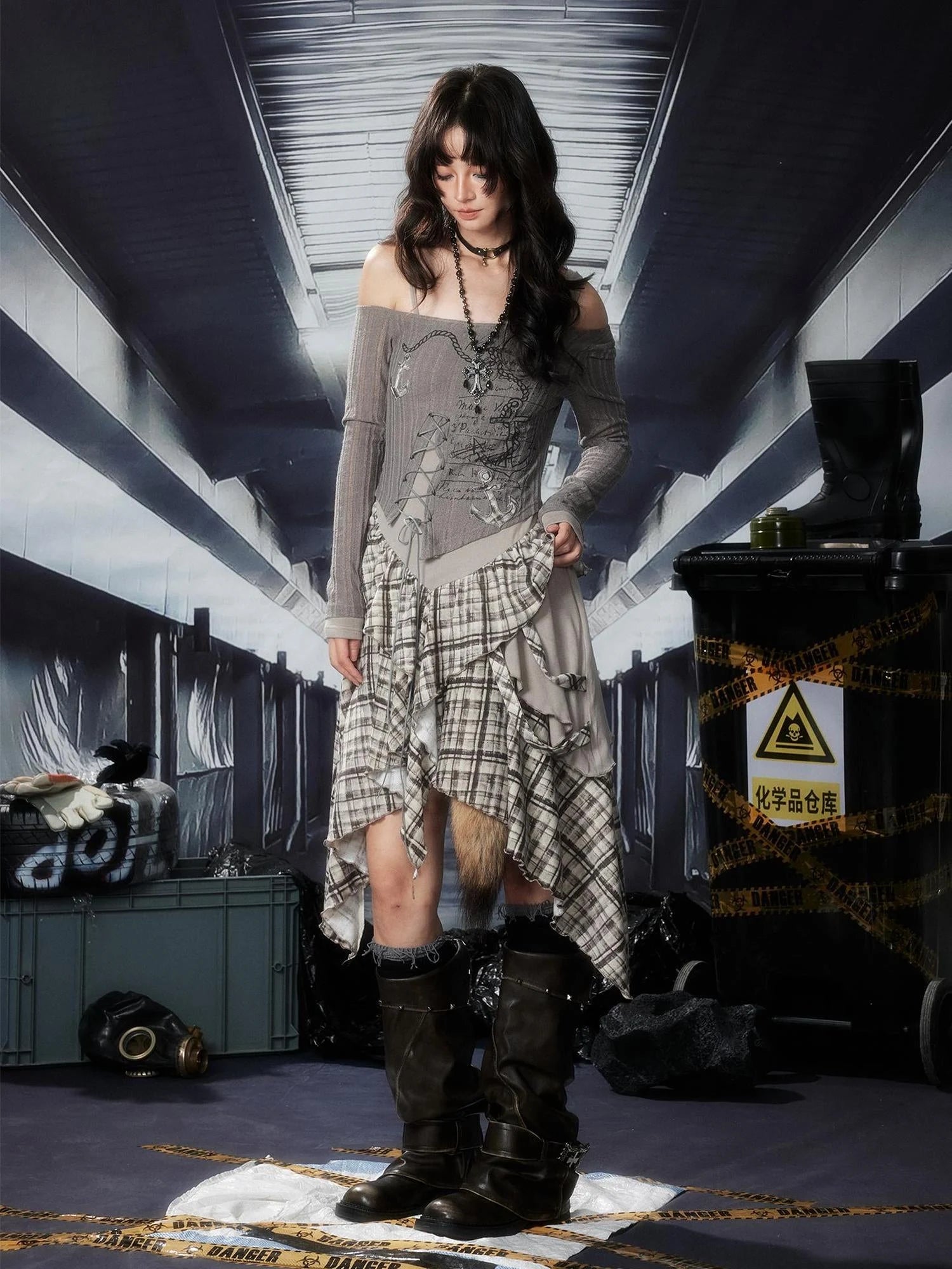 Acid Washed Asymmetrical Lace Ruffle Mini Dress