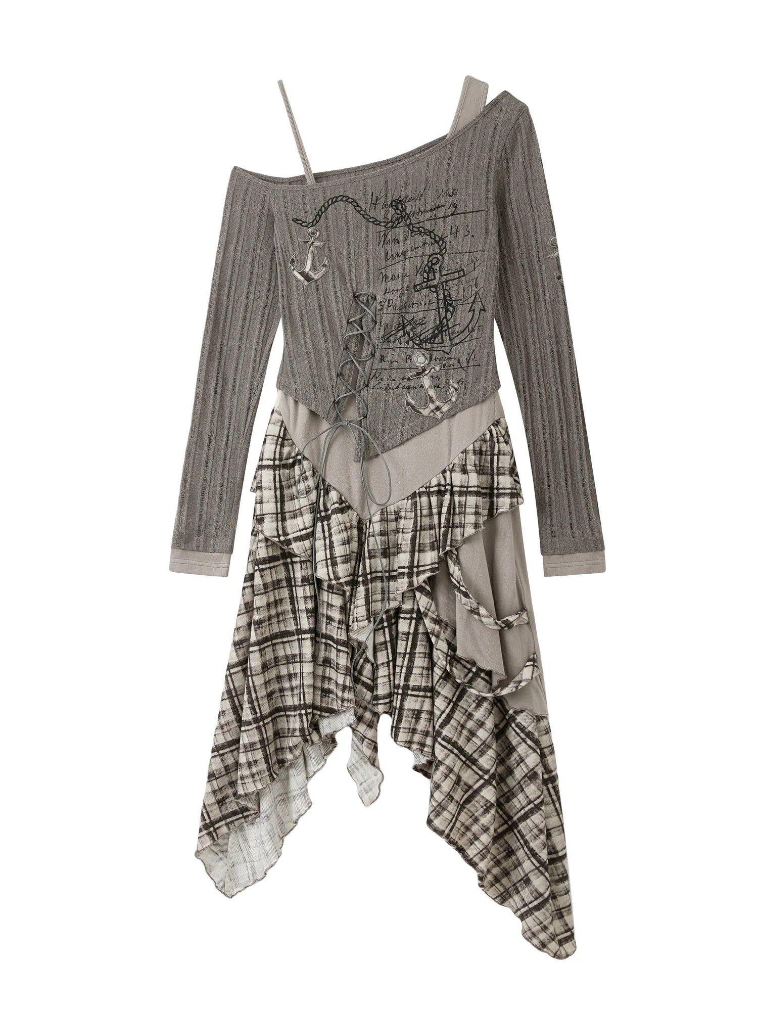 Acid Washed Asymmetrical Lace Ruffle Mini Dress