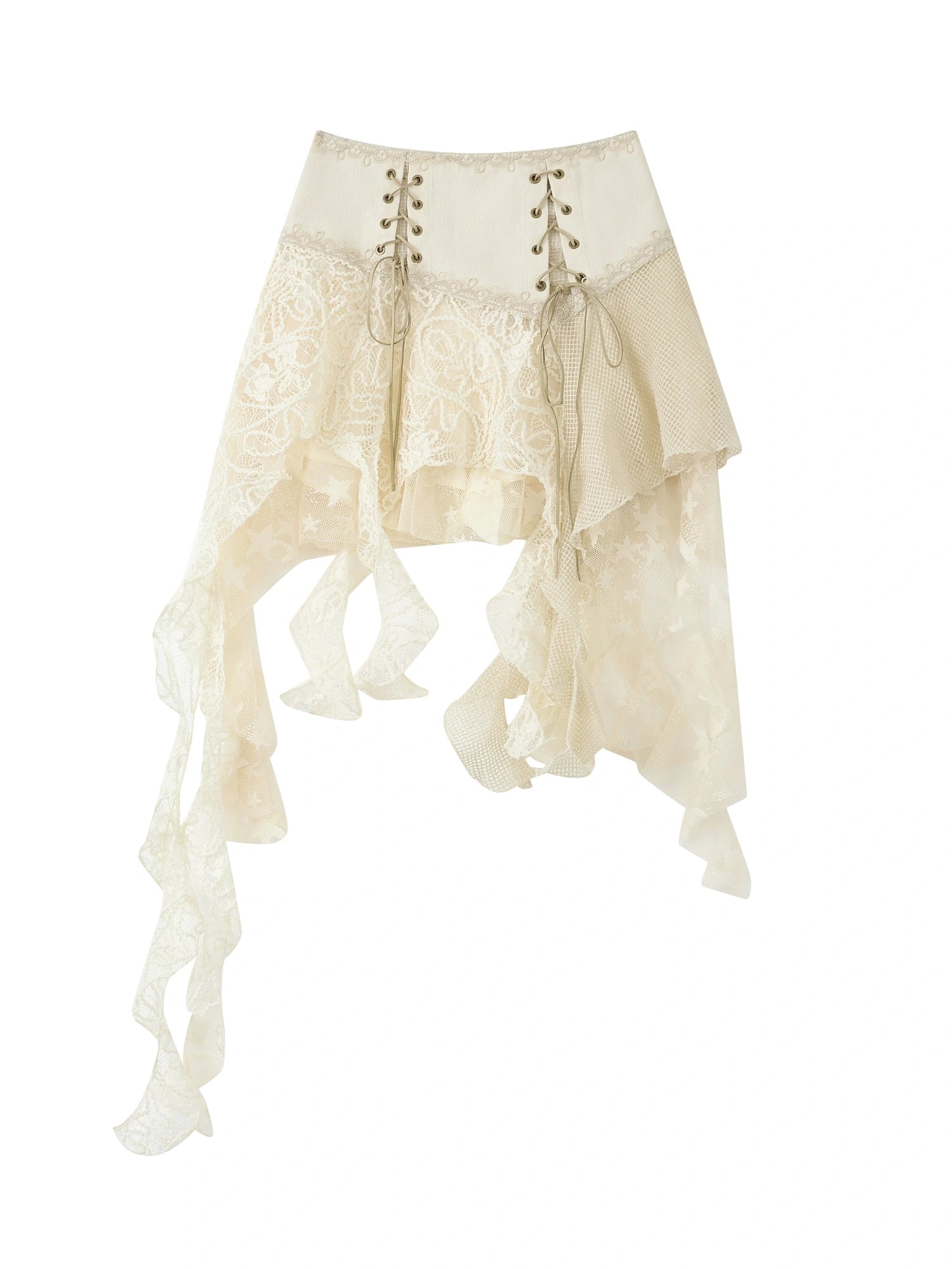Acid Washed Asymmetrical Y2K Fringe Lace Mini Skirt