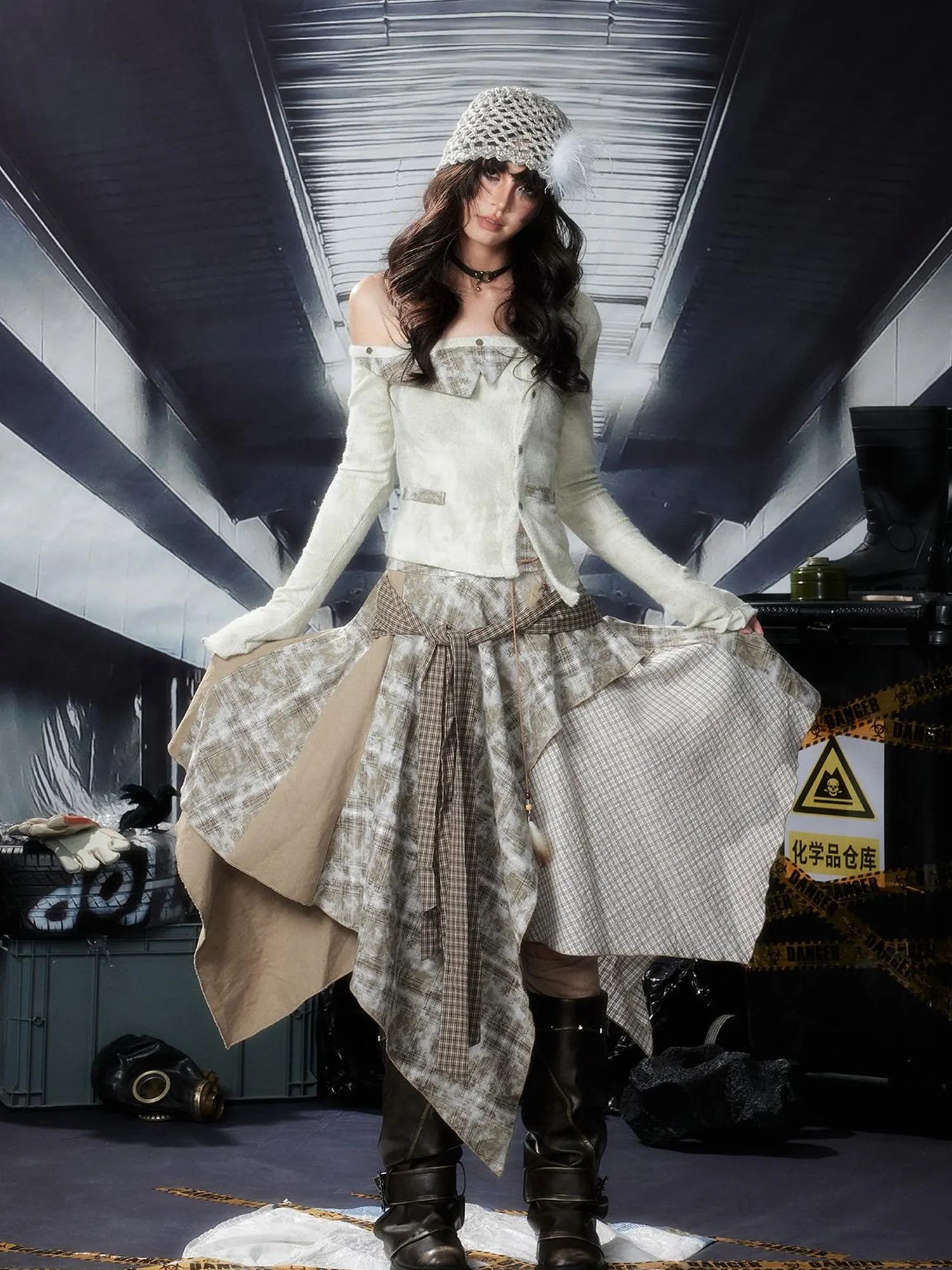 Acid Washed Rebel Knit Top V Neck T Shirt Long Sleeve