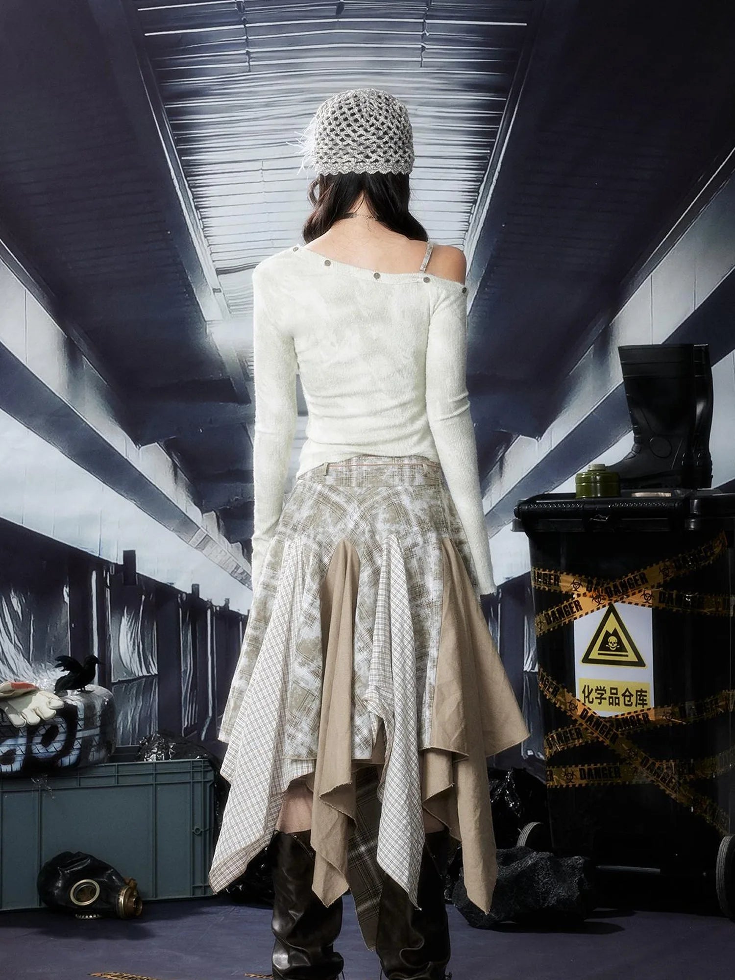 Acid Washed Rebel Knit Top V Neck T Shirt Long Sleeve