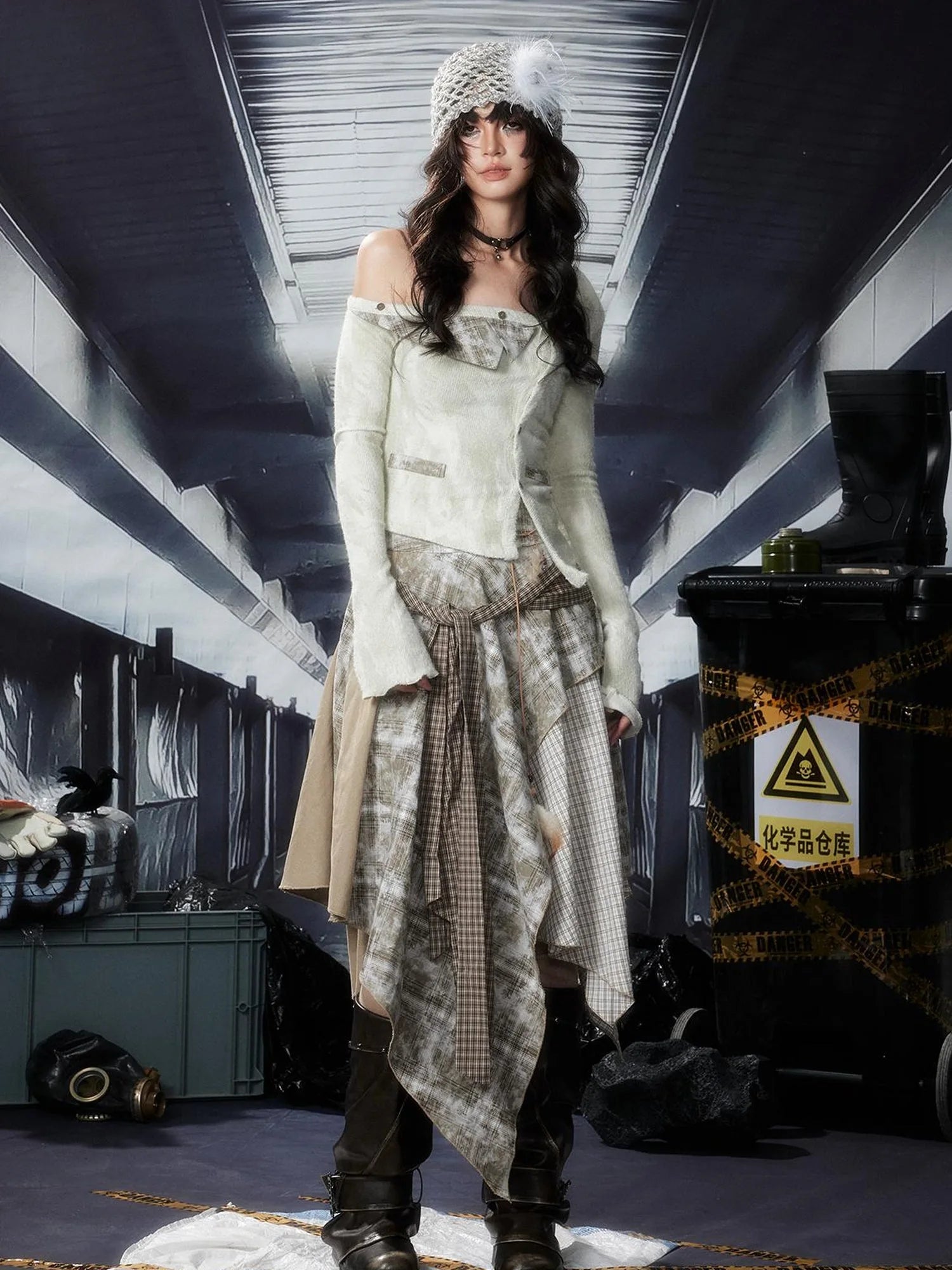 Acid Washed Rebel Knit Top V Neck T Shirt Long Sleeve