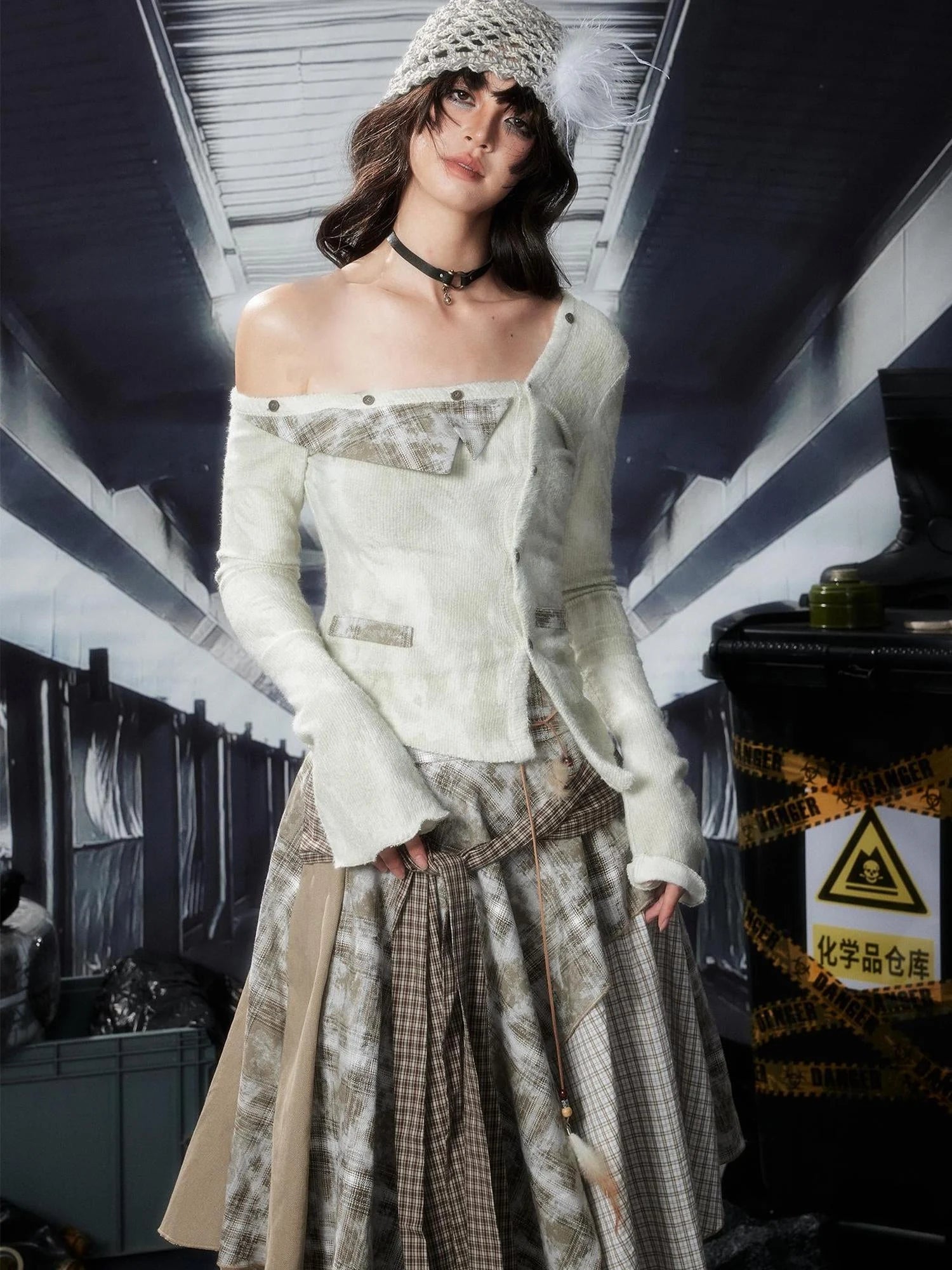 Acid Washed Rebel Knit Top V Neck T Shirt Long Sleeve