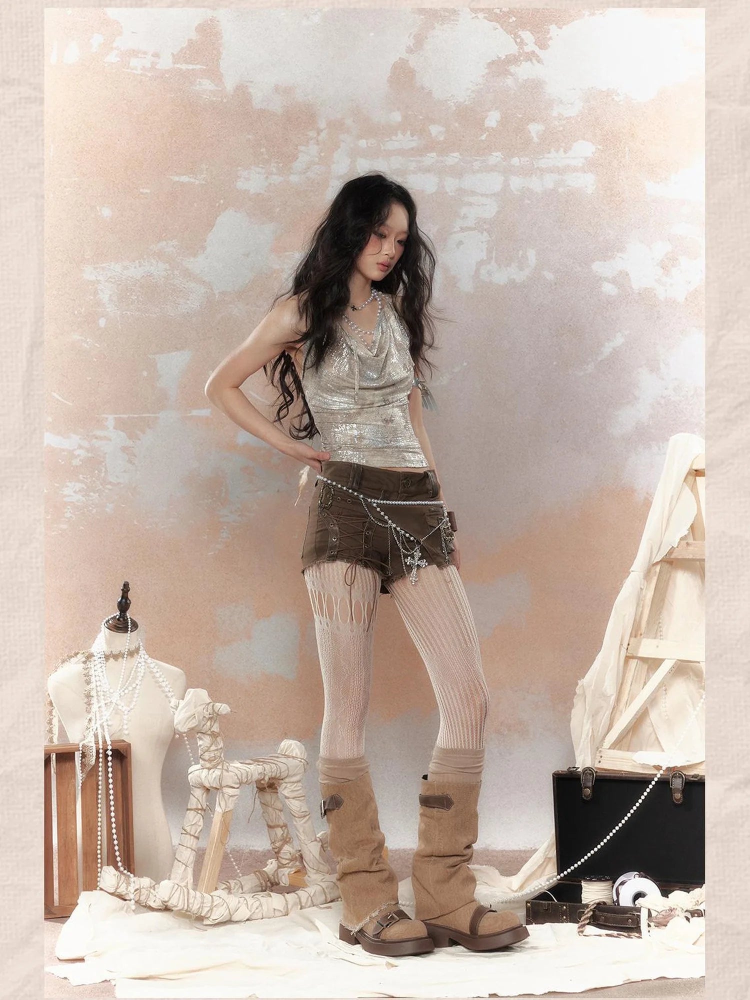 Asymm Lace Up Rivet Distressed Y2K Denim Shorts