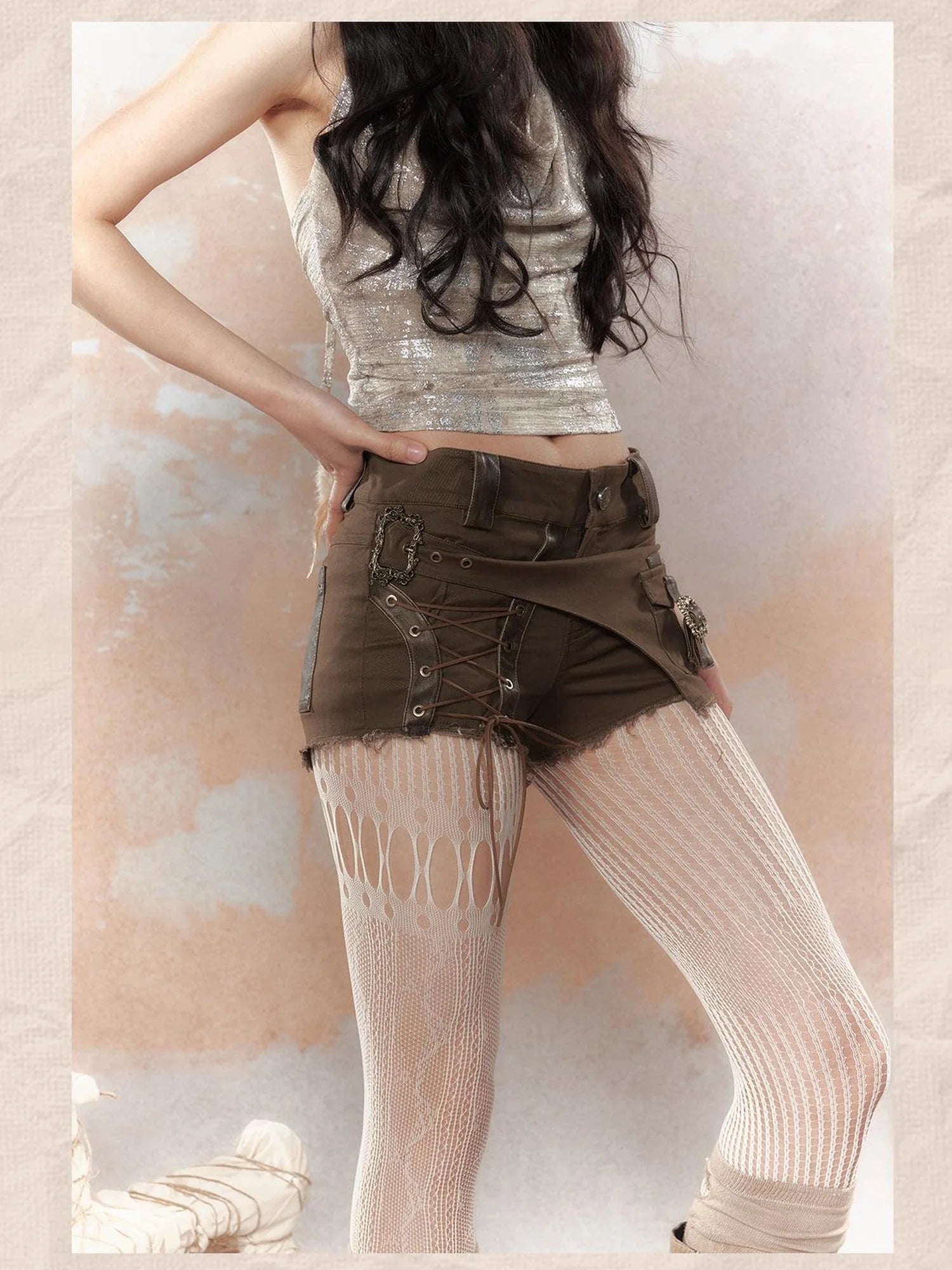 Asymm Lace Up Rivet Distressed Y2K Denim Shorts