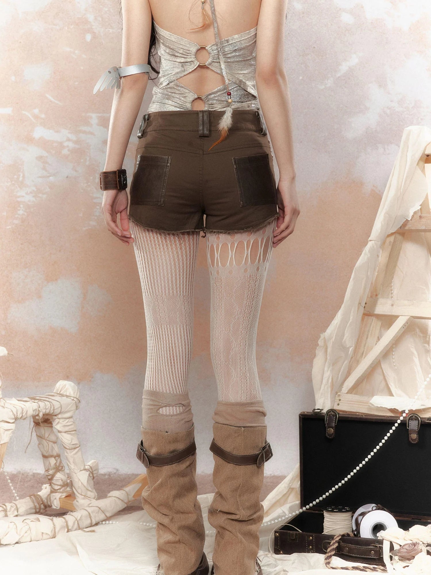 Asymm Lace Up Rivet Distressed Y2K Denim Shorts