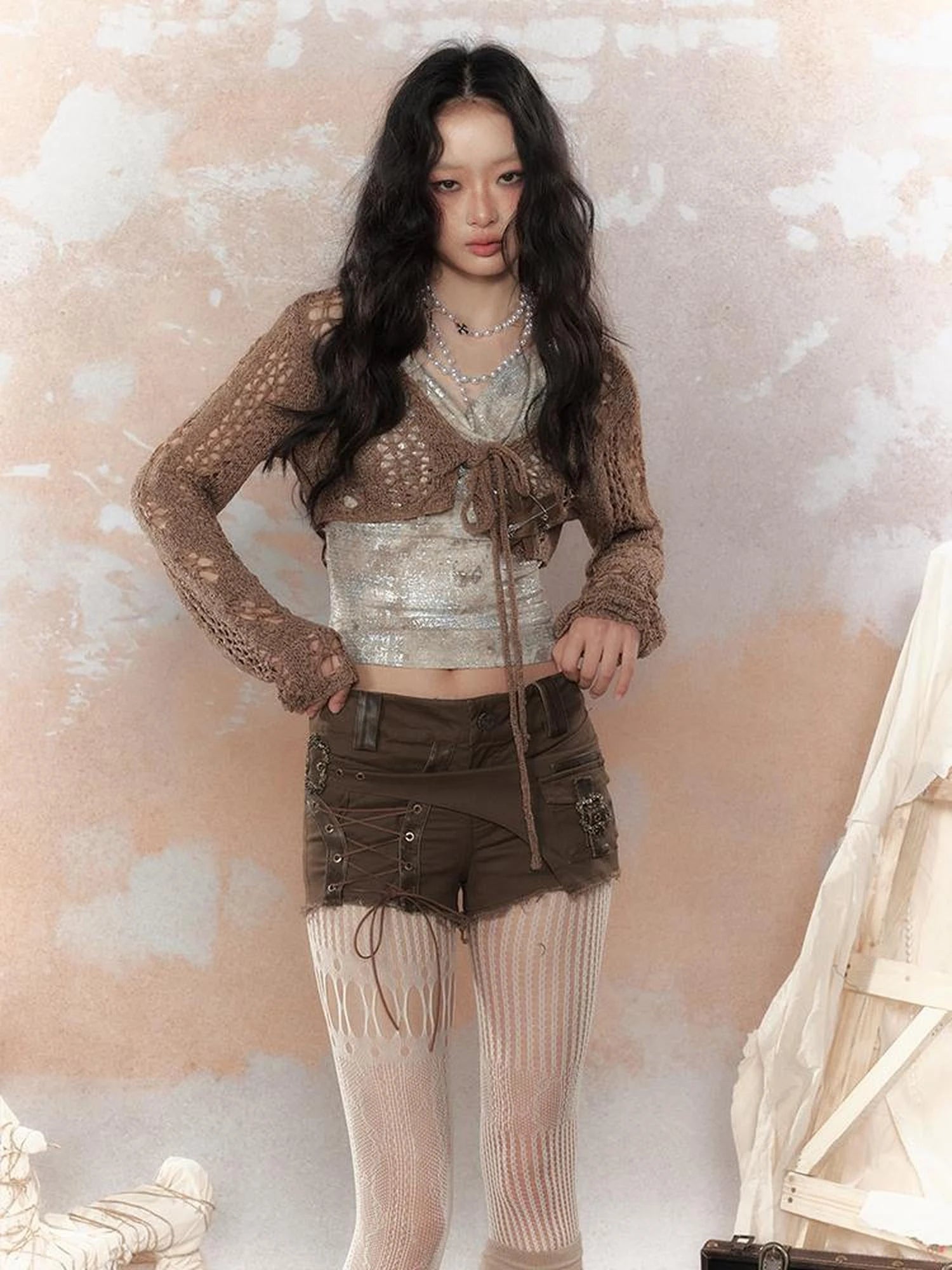 Asymm Lace Up Rivet Distressed Y2K Denim Shorts