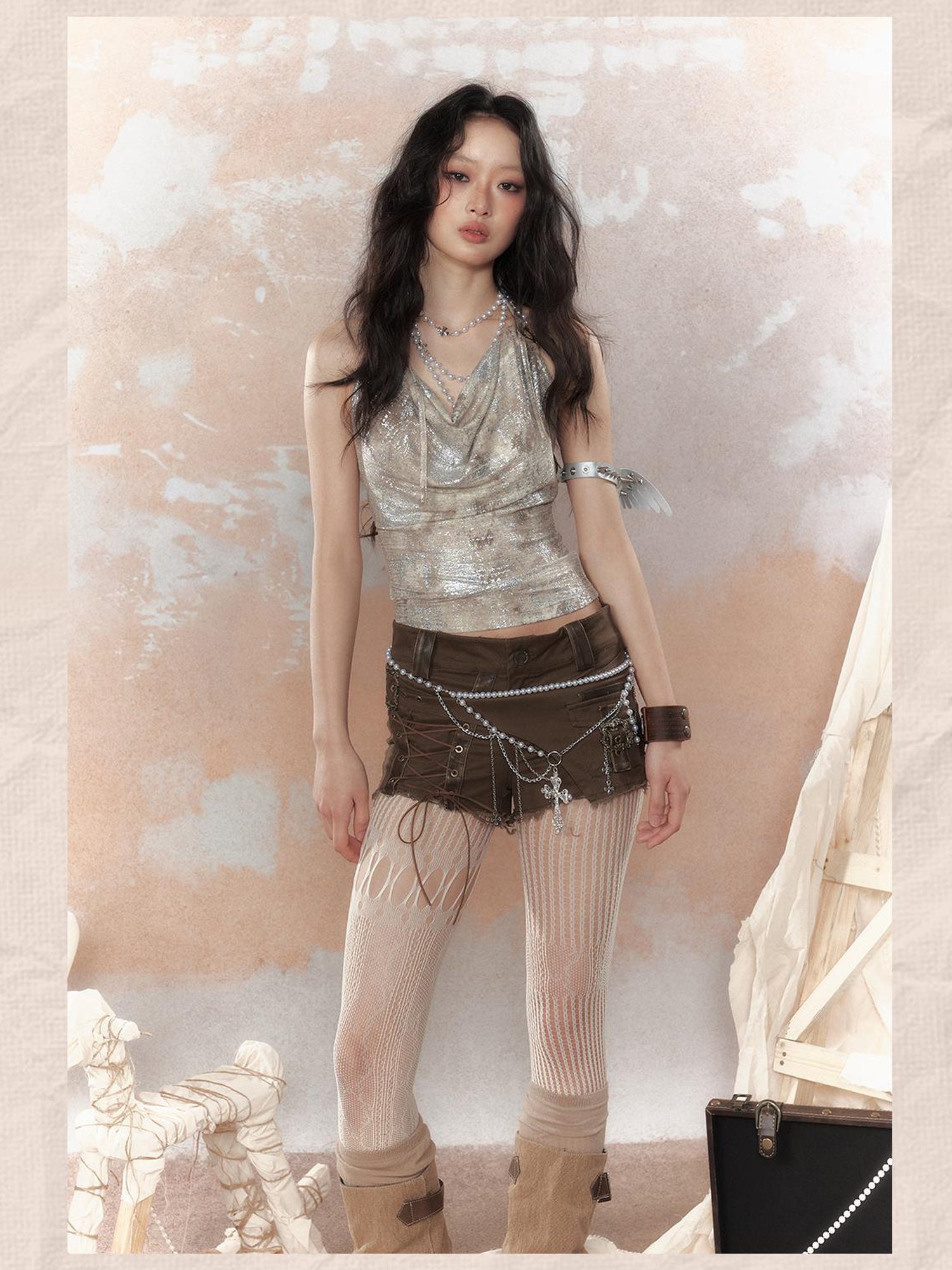ALL iN plan Asymm Lace Up Rivet Distressed Y2K Denim Shorts