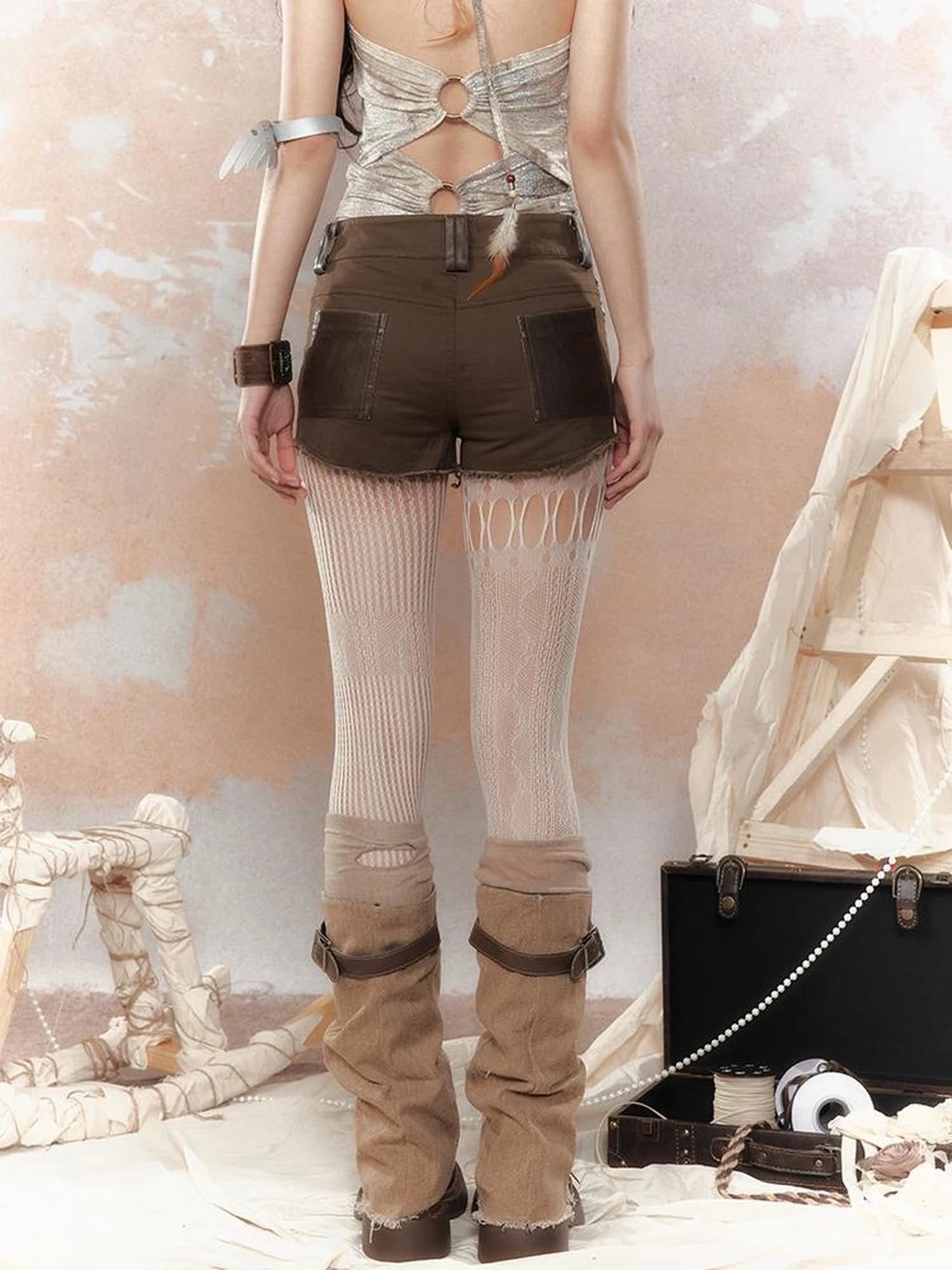 Asymm Lace Up Rivet Distressed Y2K Denim Shorts