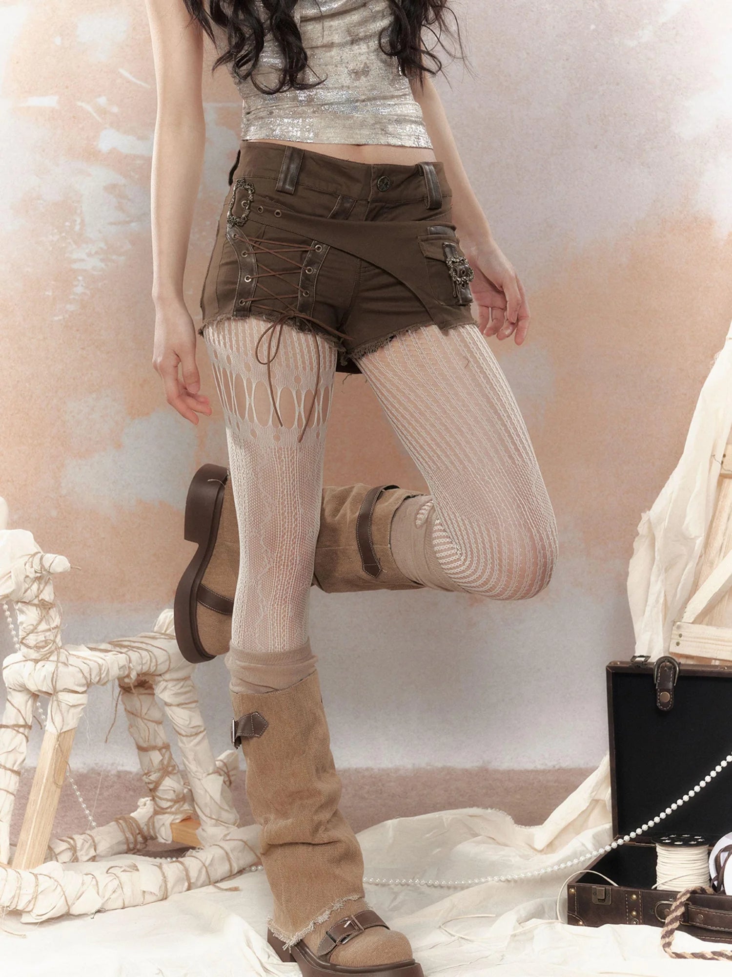 Asymm Lace Up Rivet Distressed Y2K Denim Shorts