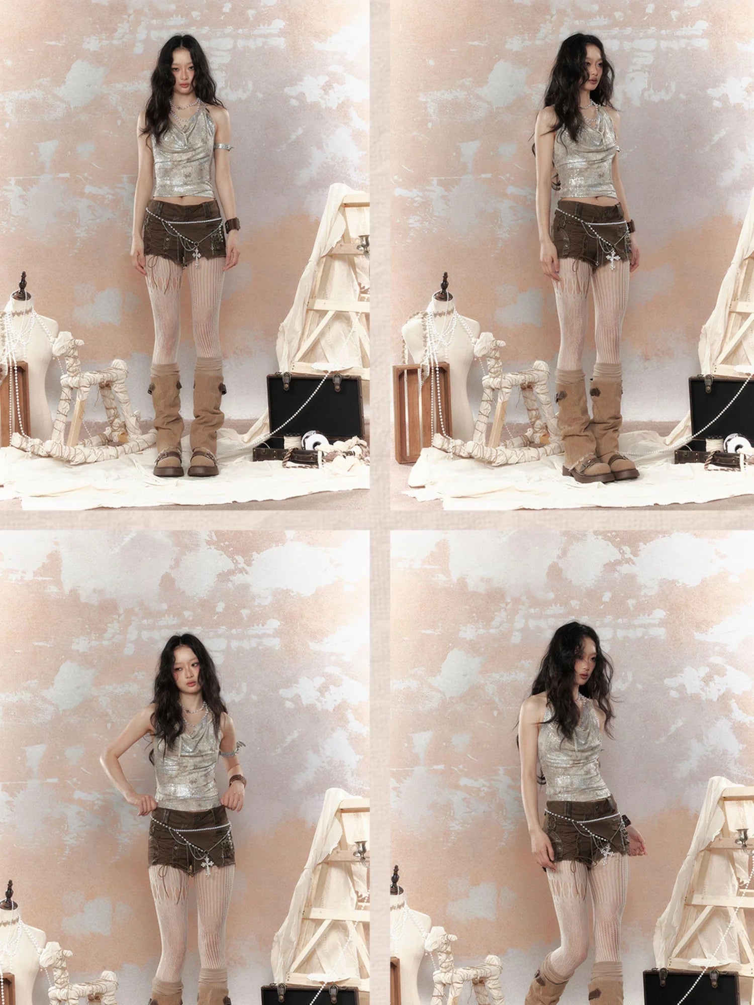 Asymm Lace Up Rivet Distressed Y2K Denim Shorts