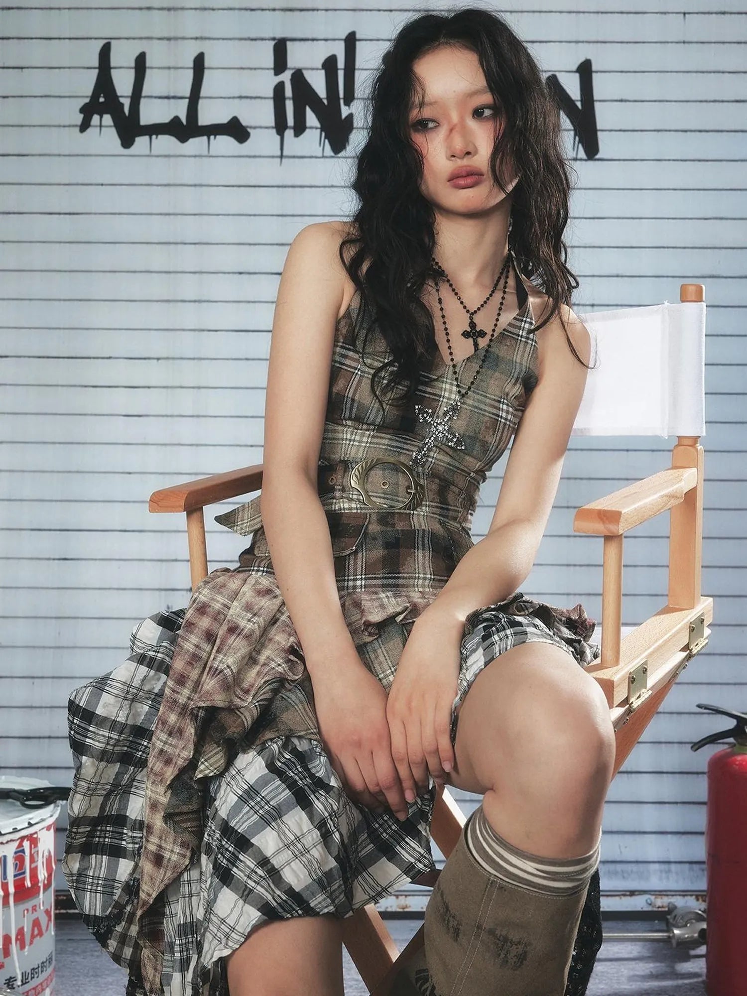 Asymmetric Checkered Layer Ruffle Neckline Dress