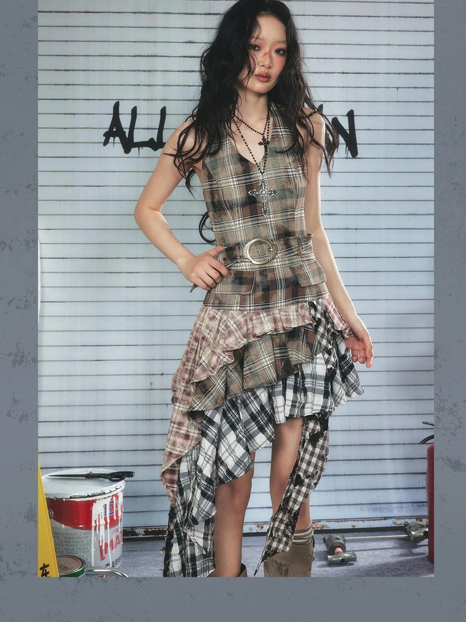 Asymmetric Checkered Layer Ruffle Neckline Dress