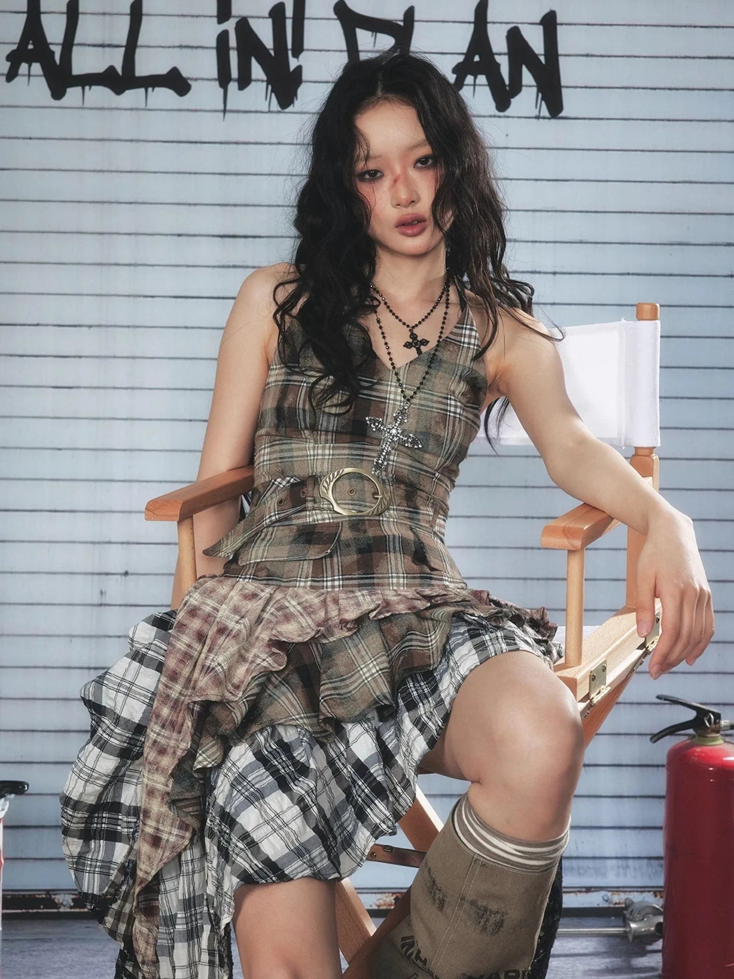 Asymmetric Checkered Layer Ruffle Neckline Dress