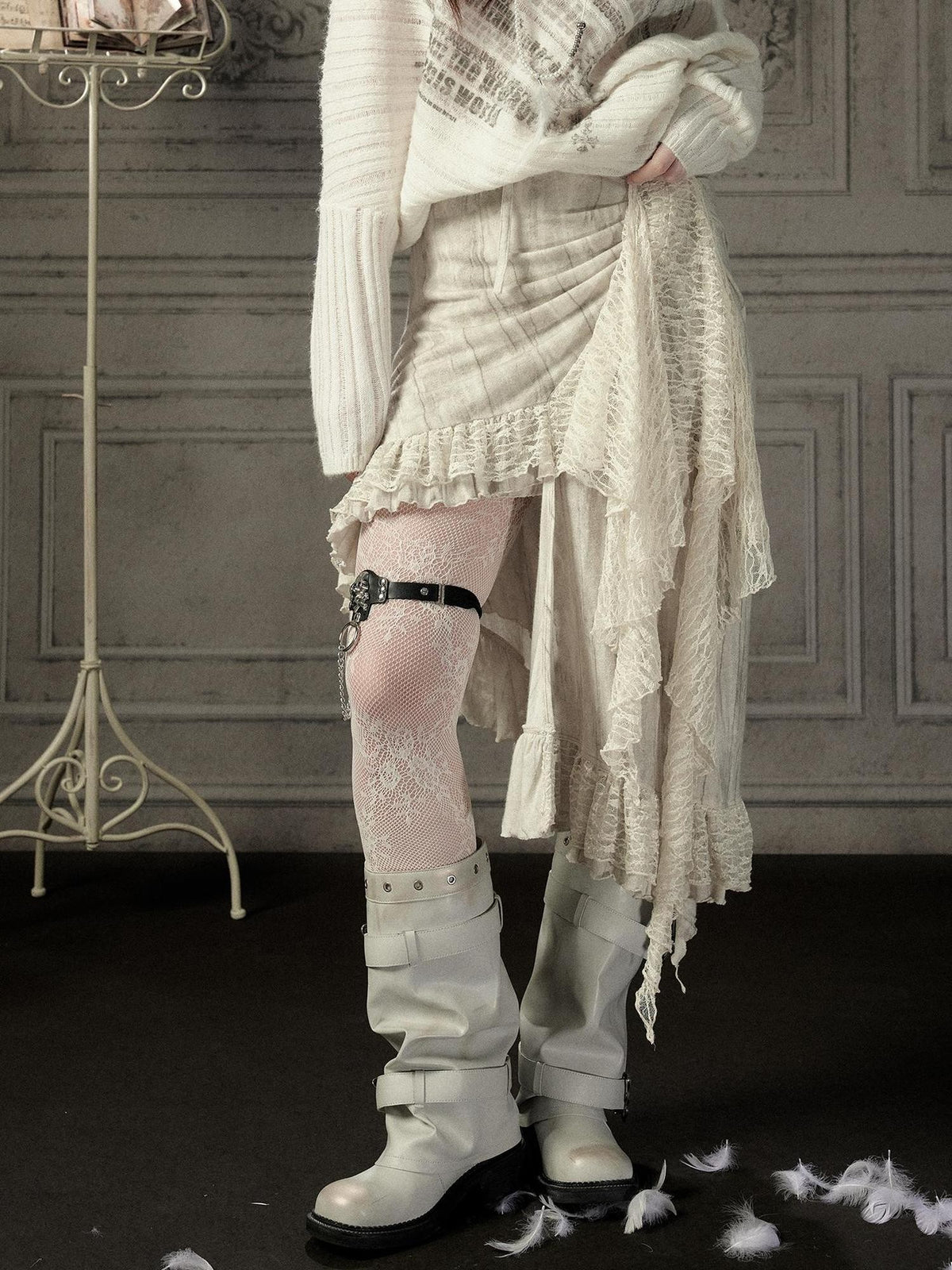 ALL iN plan Asymmetric Lace Spliced High Waist H Line Women&