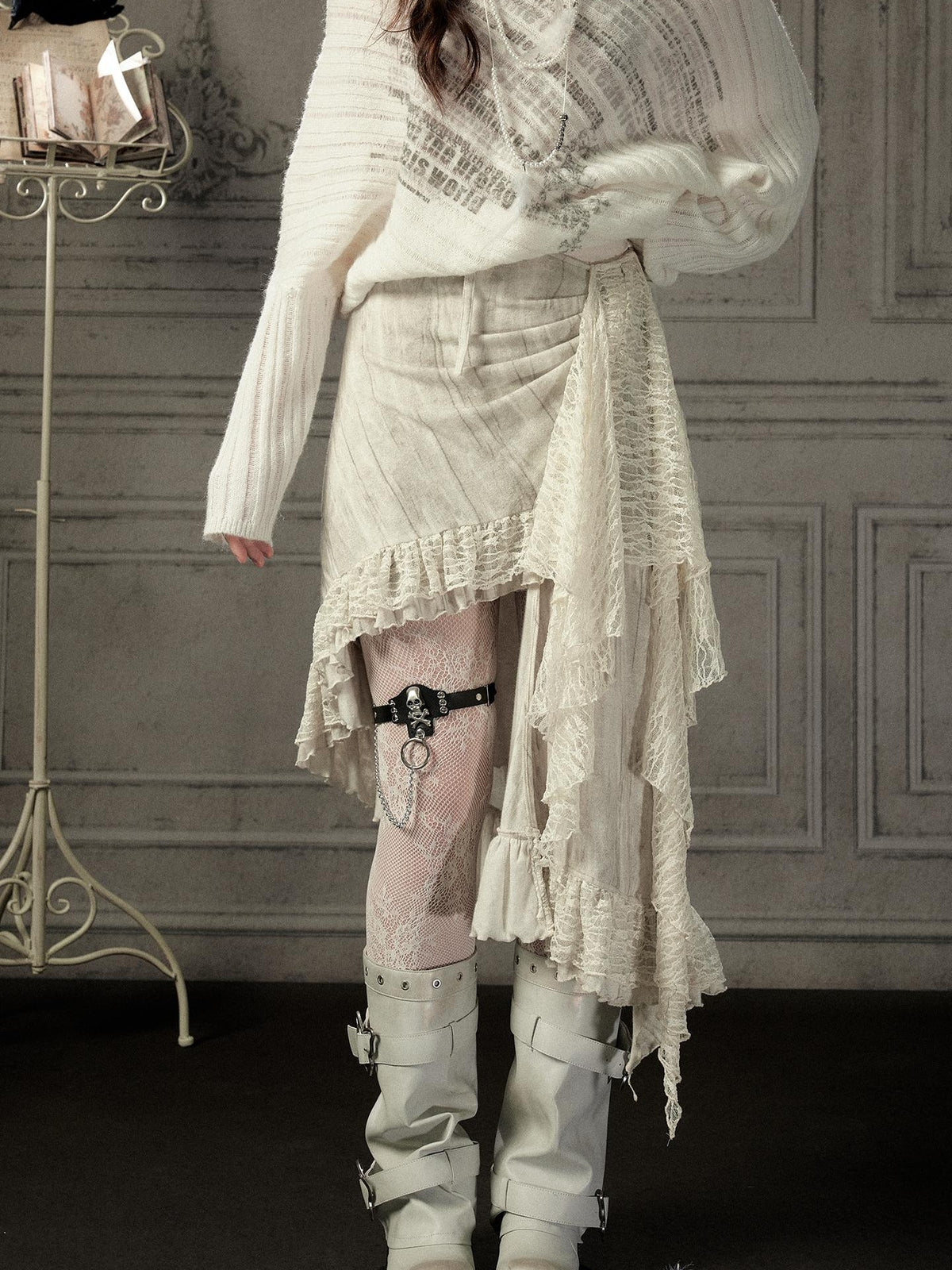ALL iN plan Asymmetric Lace Spliced High Waist H Line Women&