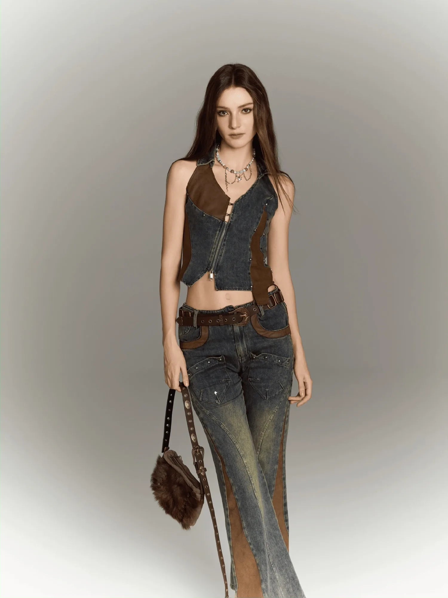 Asymmetric Studded Denim Vest With Leather Panels