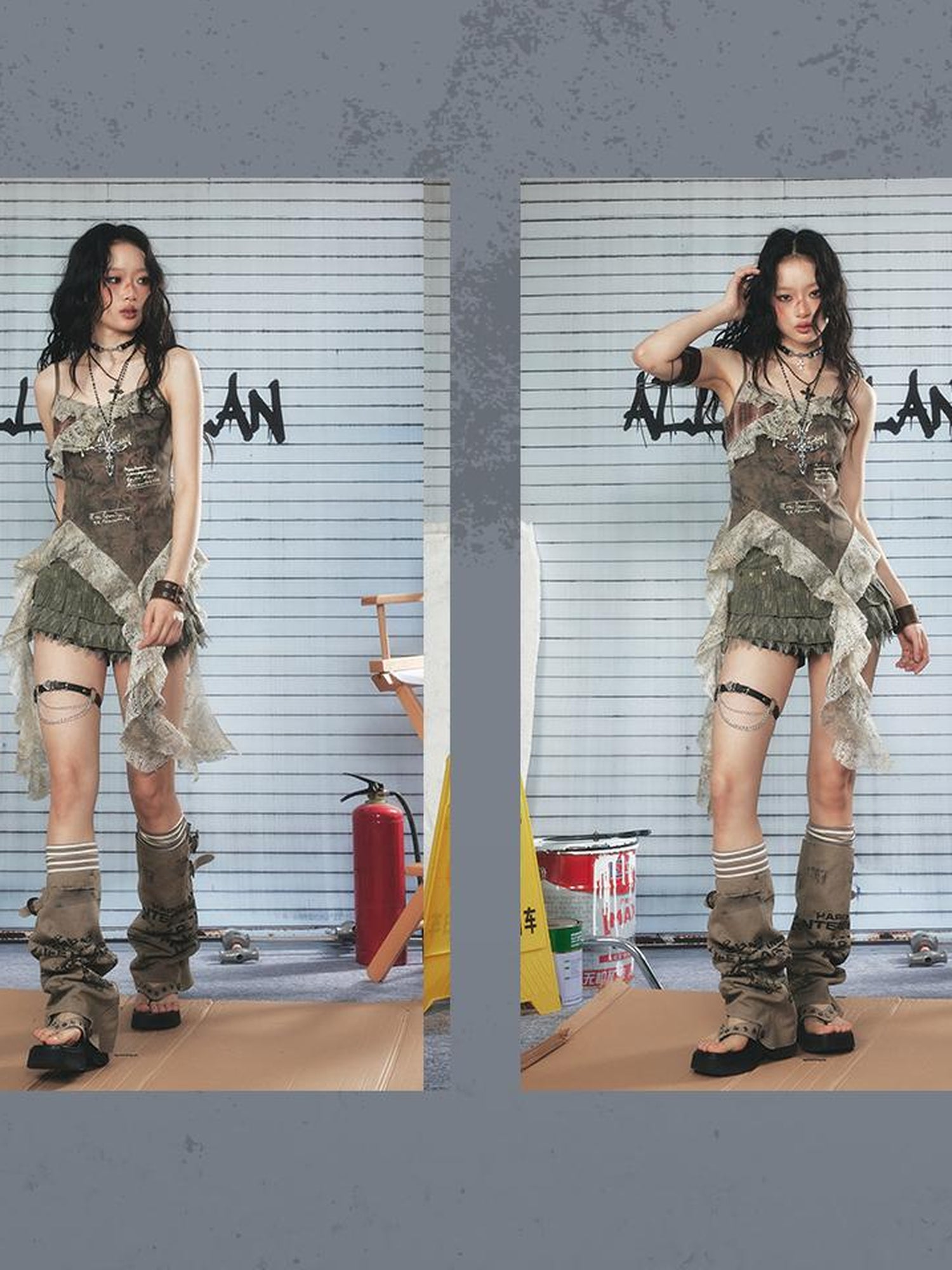 ALL iN plan Asymmetrical Lace Trim Punk Print Tank Top