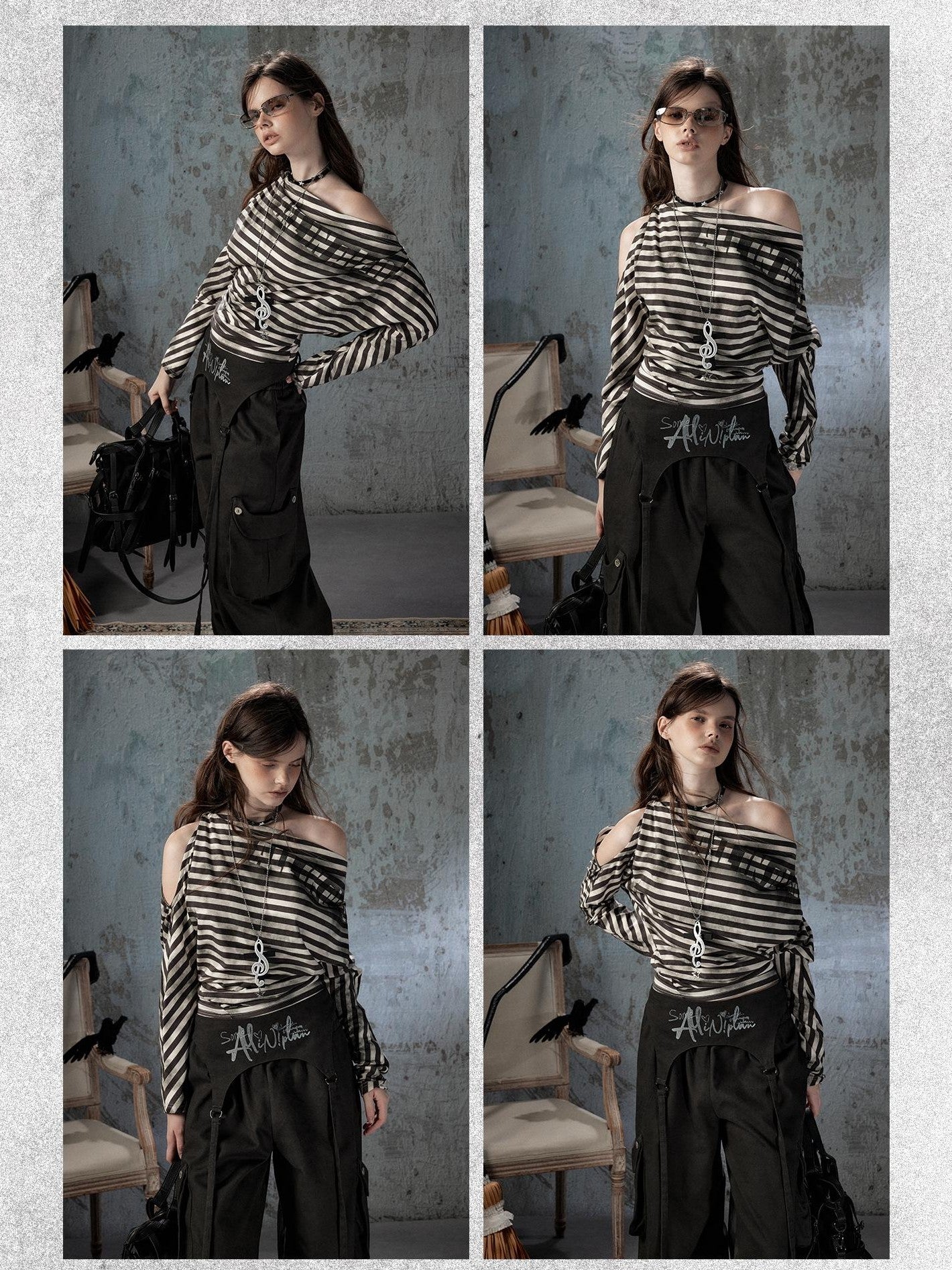 ALL iN plan Asymmetrical Striped Off Shoulder Bat Sleeve Women&