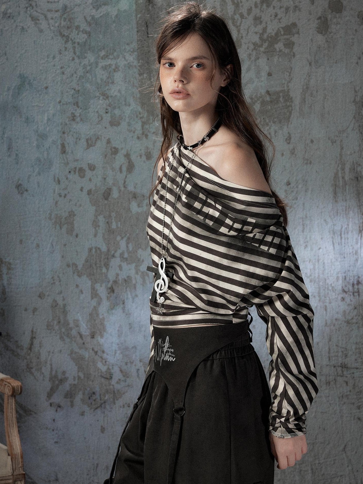 ALL iN plan Asymmetrical Striped Off Shoulder Bat Sleeve Women&