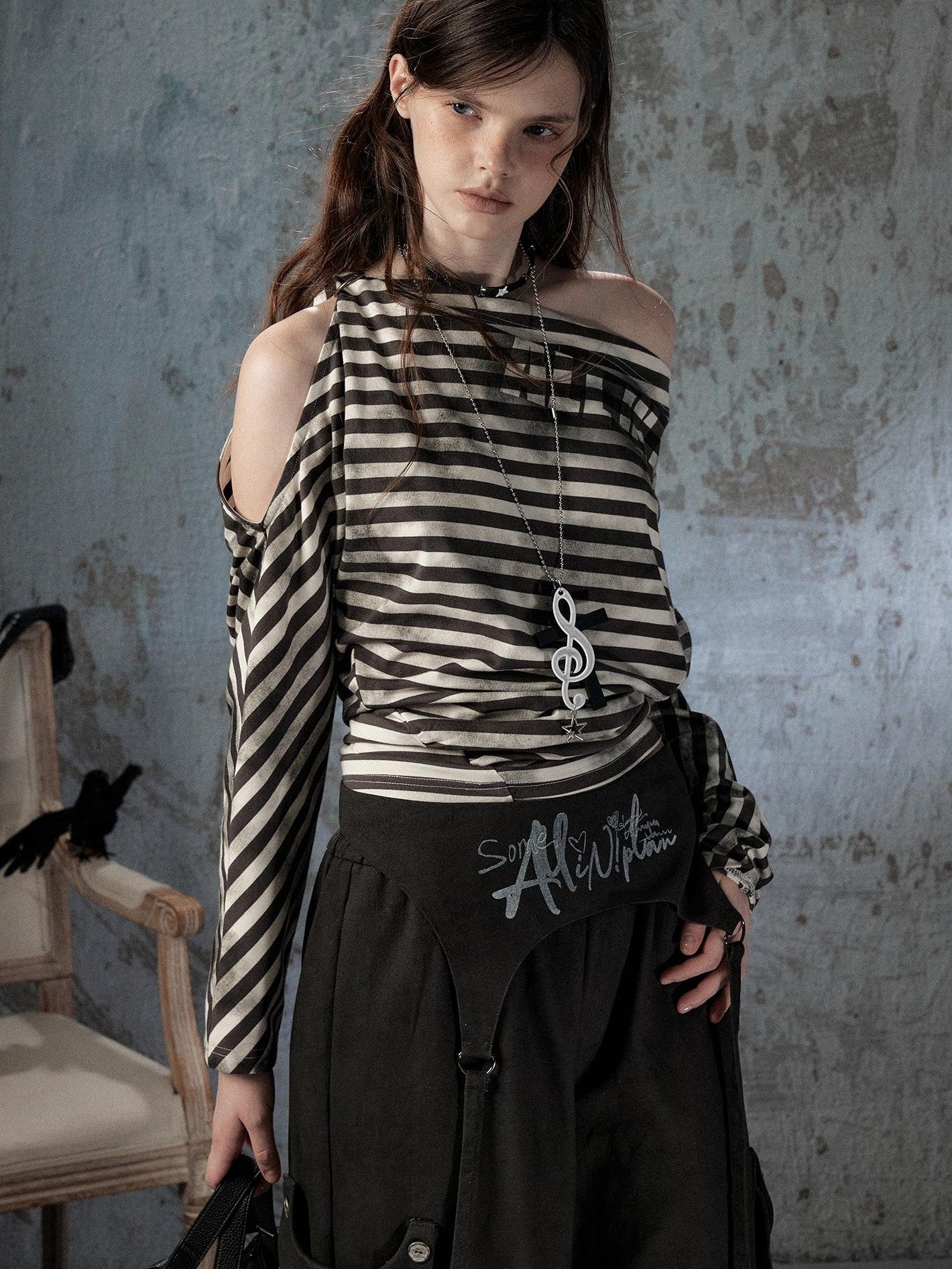 ALL iN plan Asymmetrical Striped Off Shoulder Bat Sleeve Women&