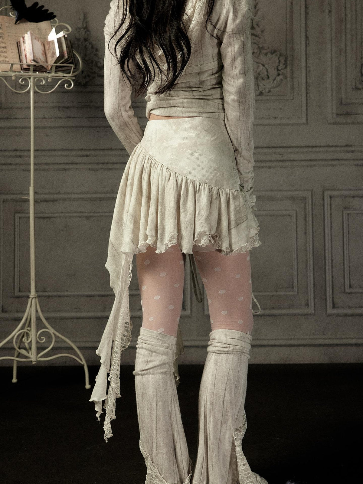 ALL iN plan Beige Asymmetric Button Lace Panel Women&