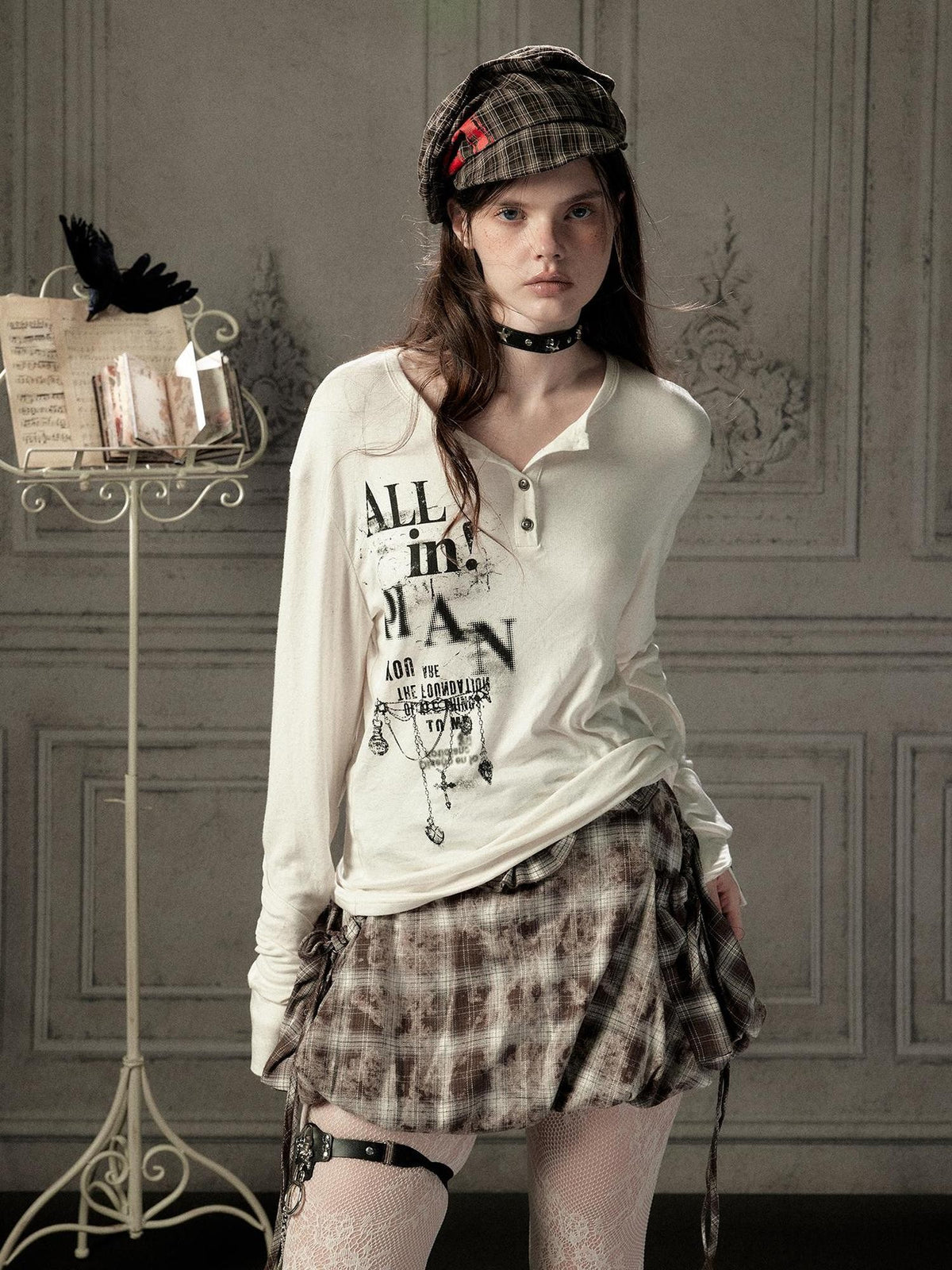 ALL iN plan Beige Crewneck Print Loose Fit Women&