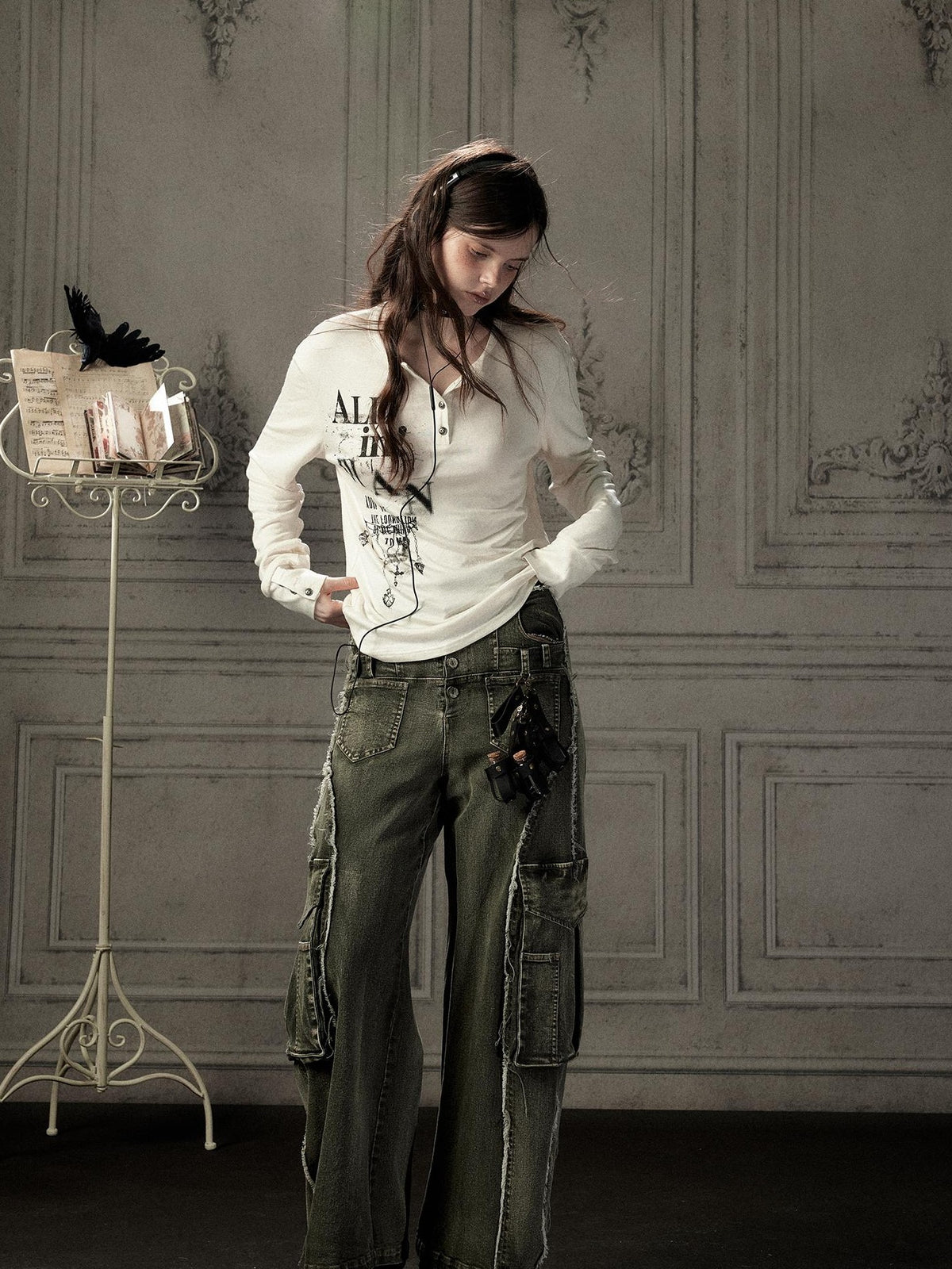 ALL iN plan Beige Crewneck Print Loose Fit Women&