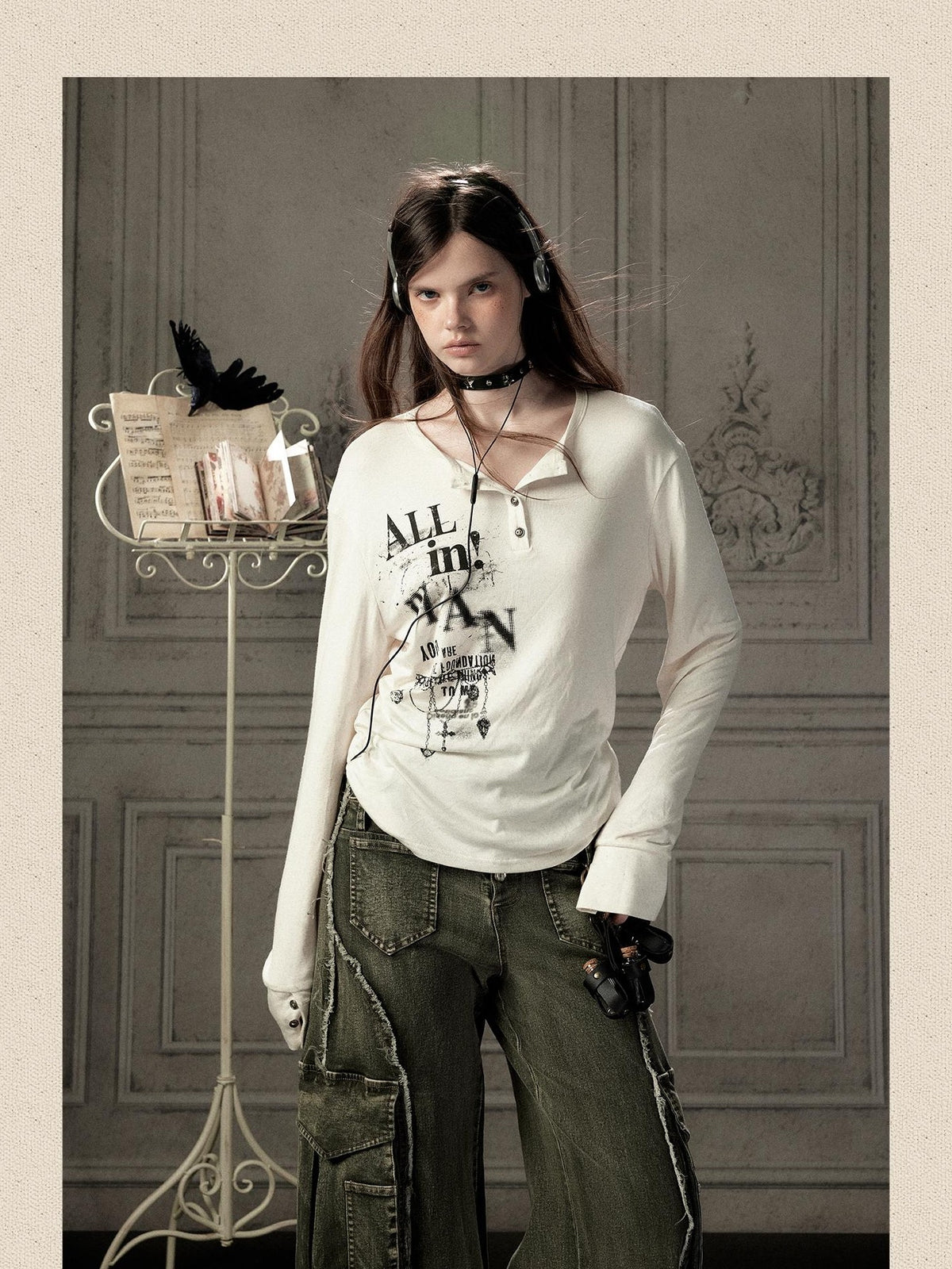 ALL iN plan Beige Crewneck Print Loose Fit Women&