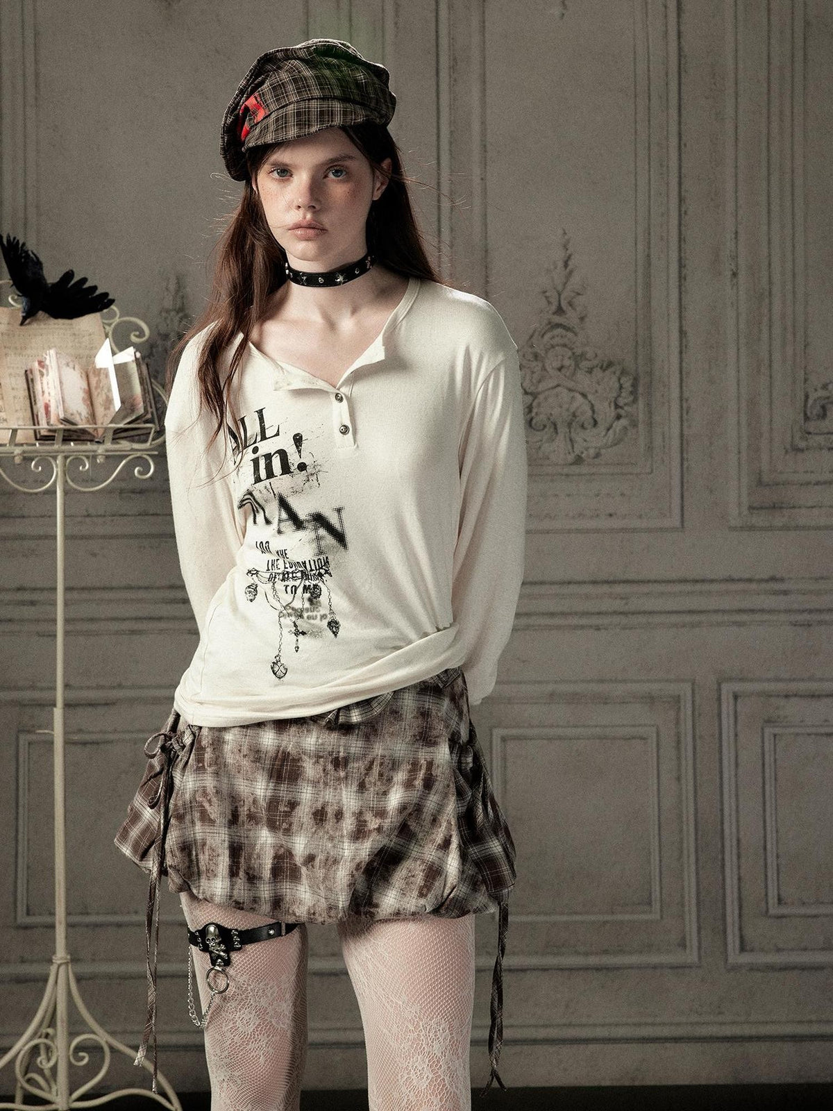 ALL iN plan Beige Crewneck Print Loose Fit Women&