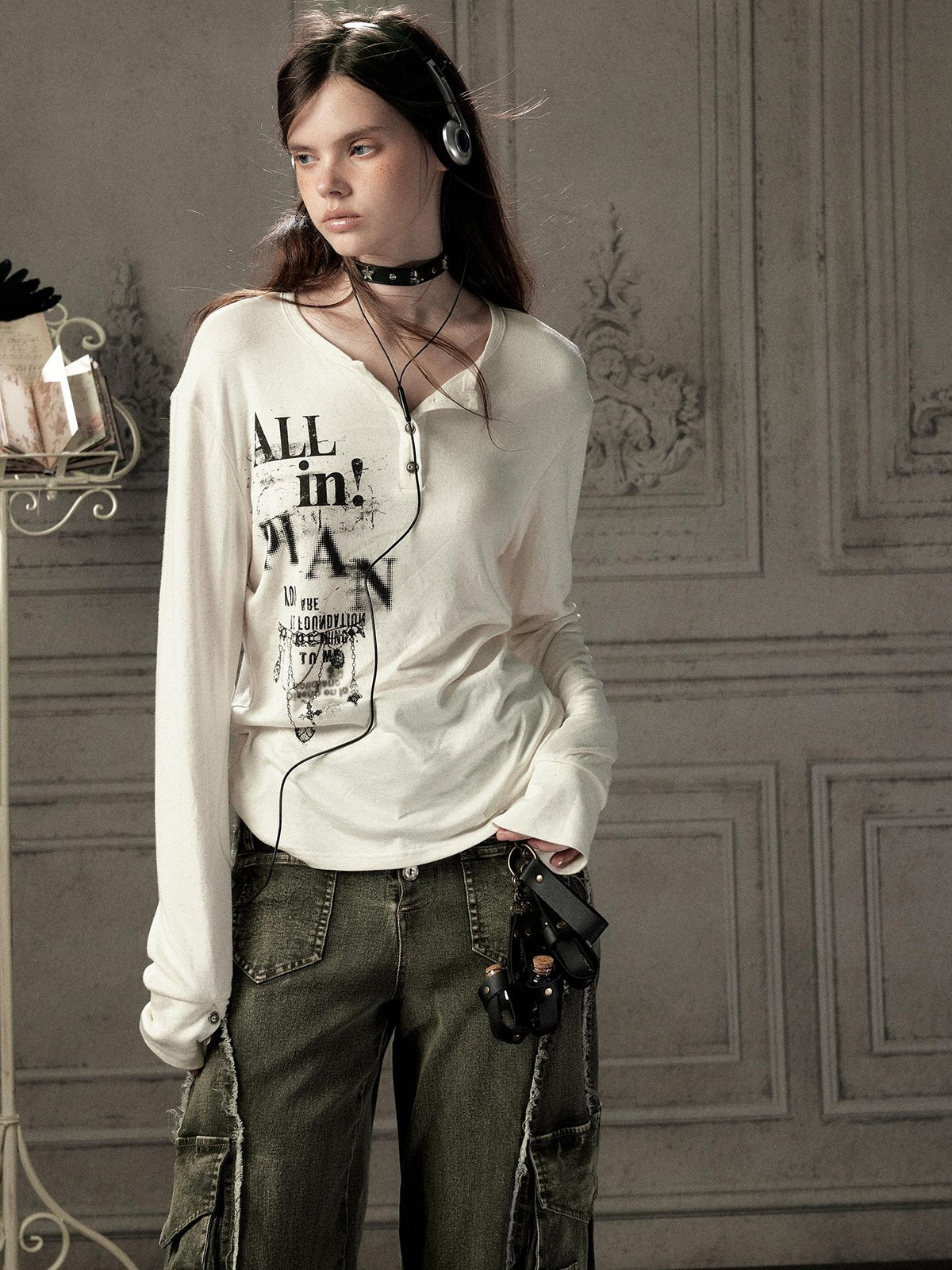 ALL iN plan Beige Crewneck Print Loose Fit Women&