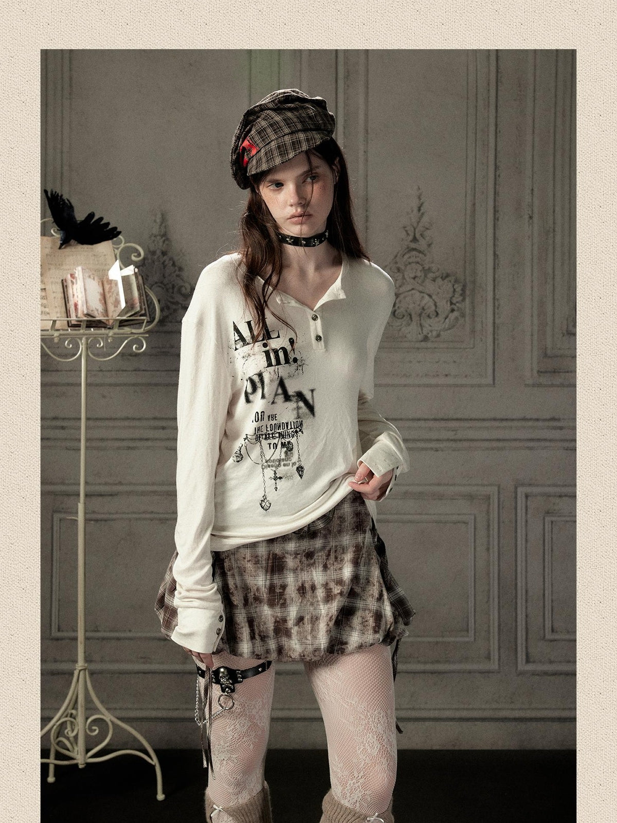 ALL iN plan Beige Crewneck Print Loose Fit Women&