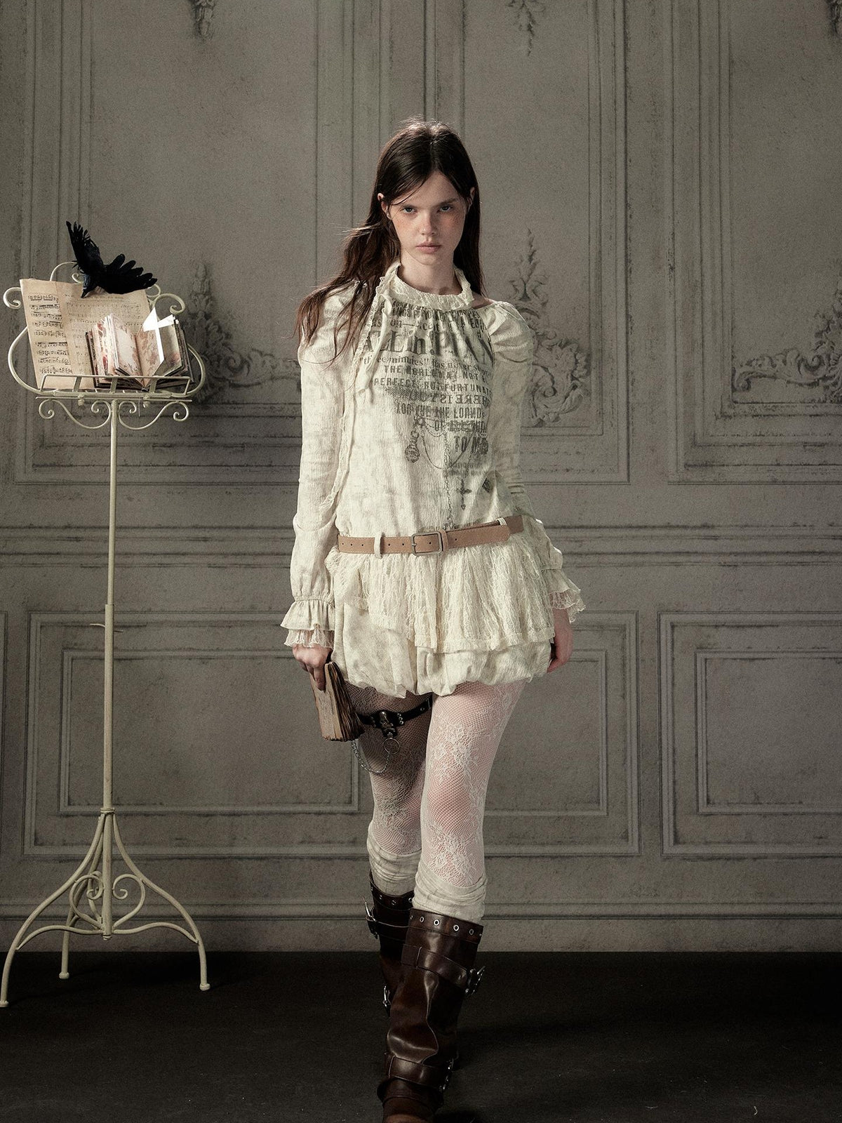 ALL iN plan Beige Halter Lace Spliced Long Sleeve Women&