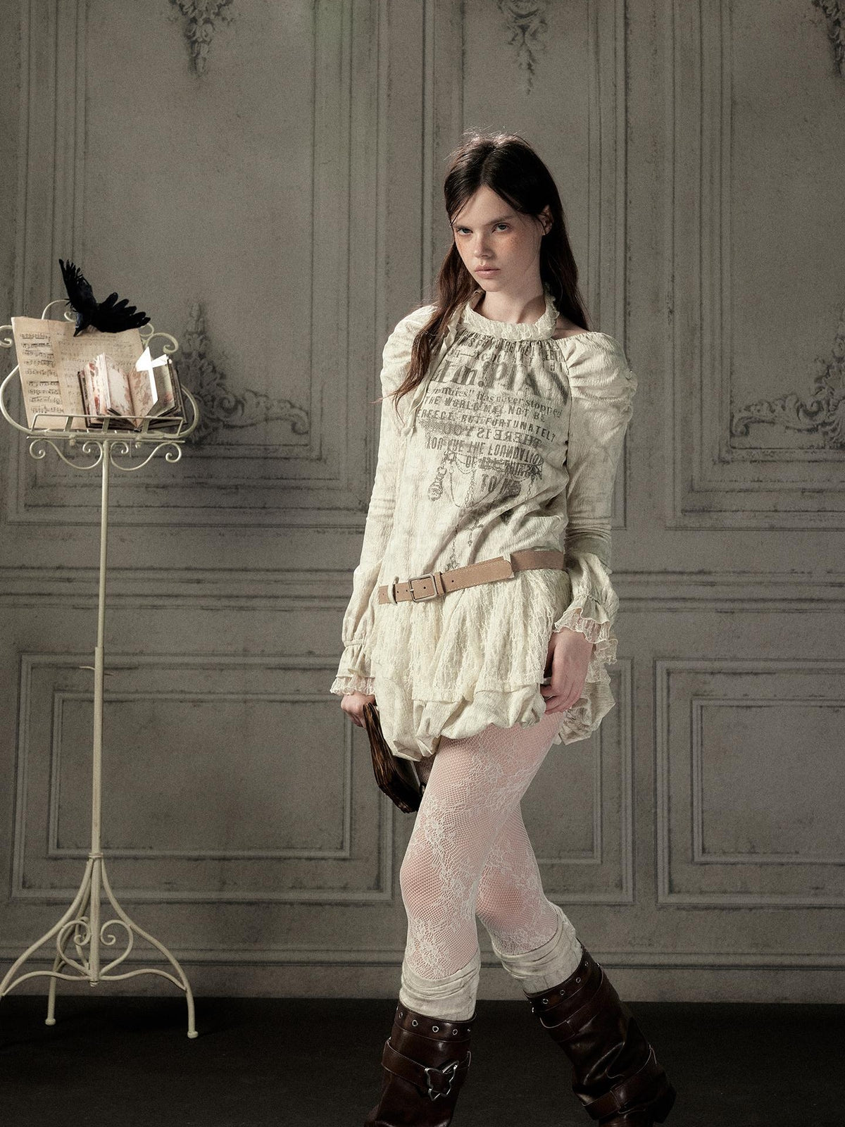 ALL iN plan Beige Halter Lace Spliced Long Sleeve Women&