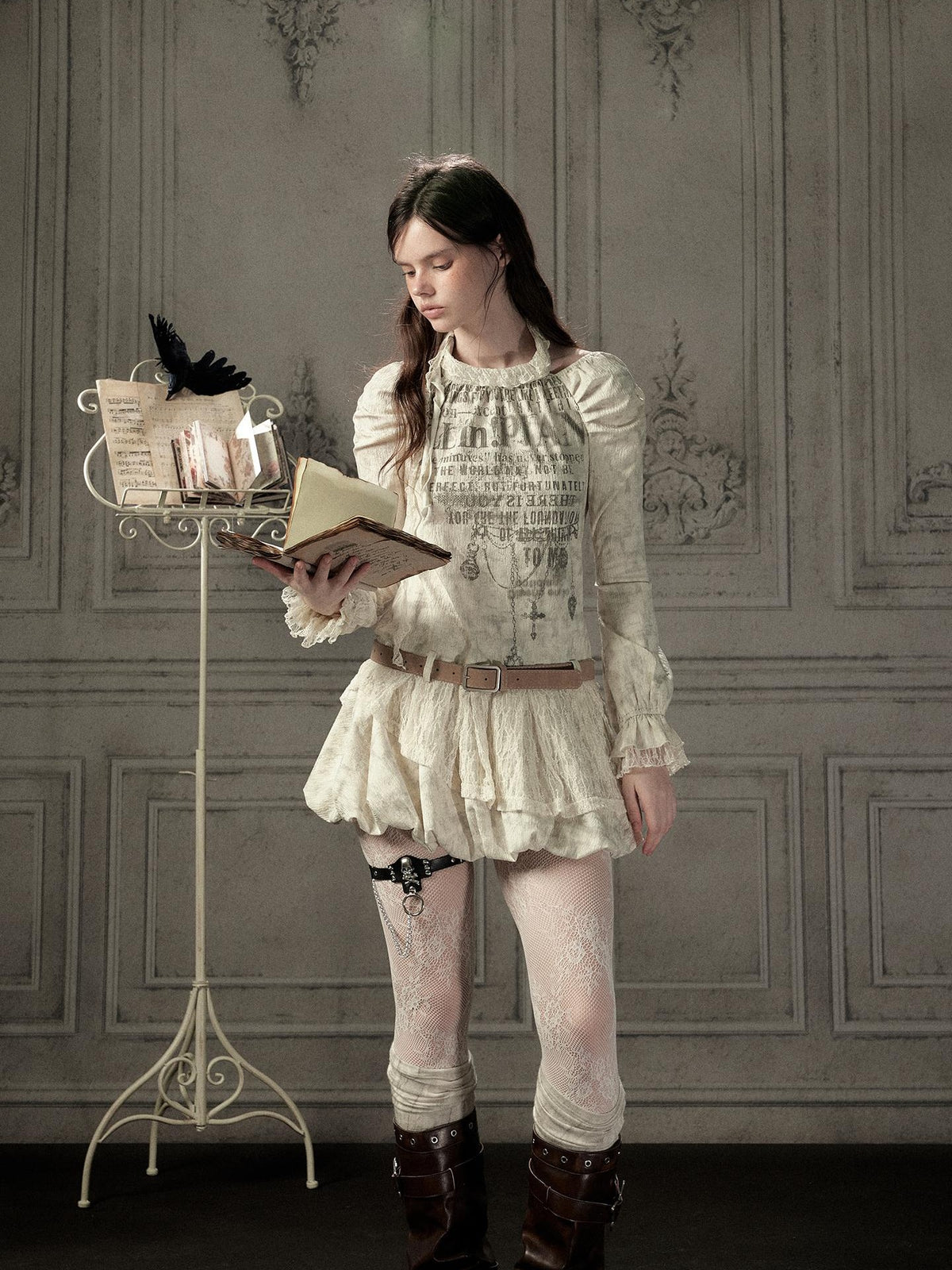 ALL iN plan Beige Halter Lace Spliced Long Sleeve Women&