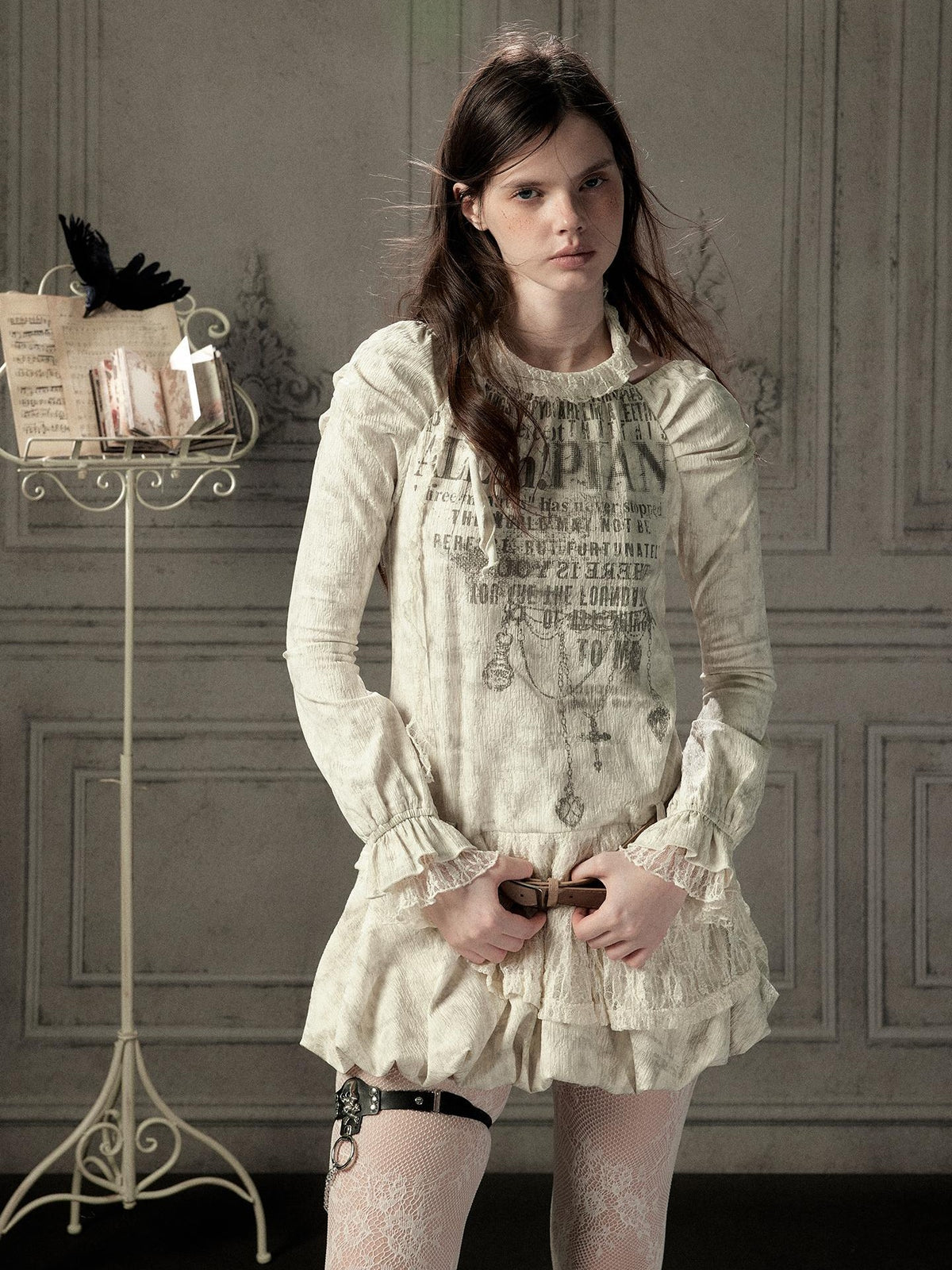 ALL iN plan Beige Halter Lace Spliced Long Sleeve Women&