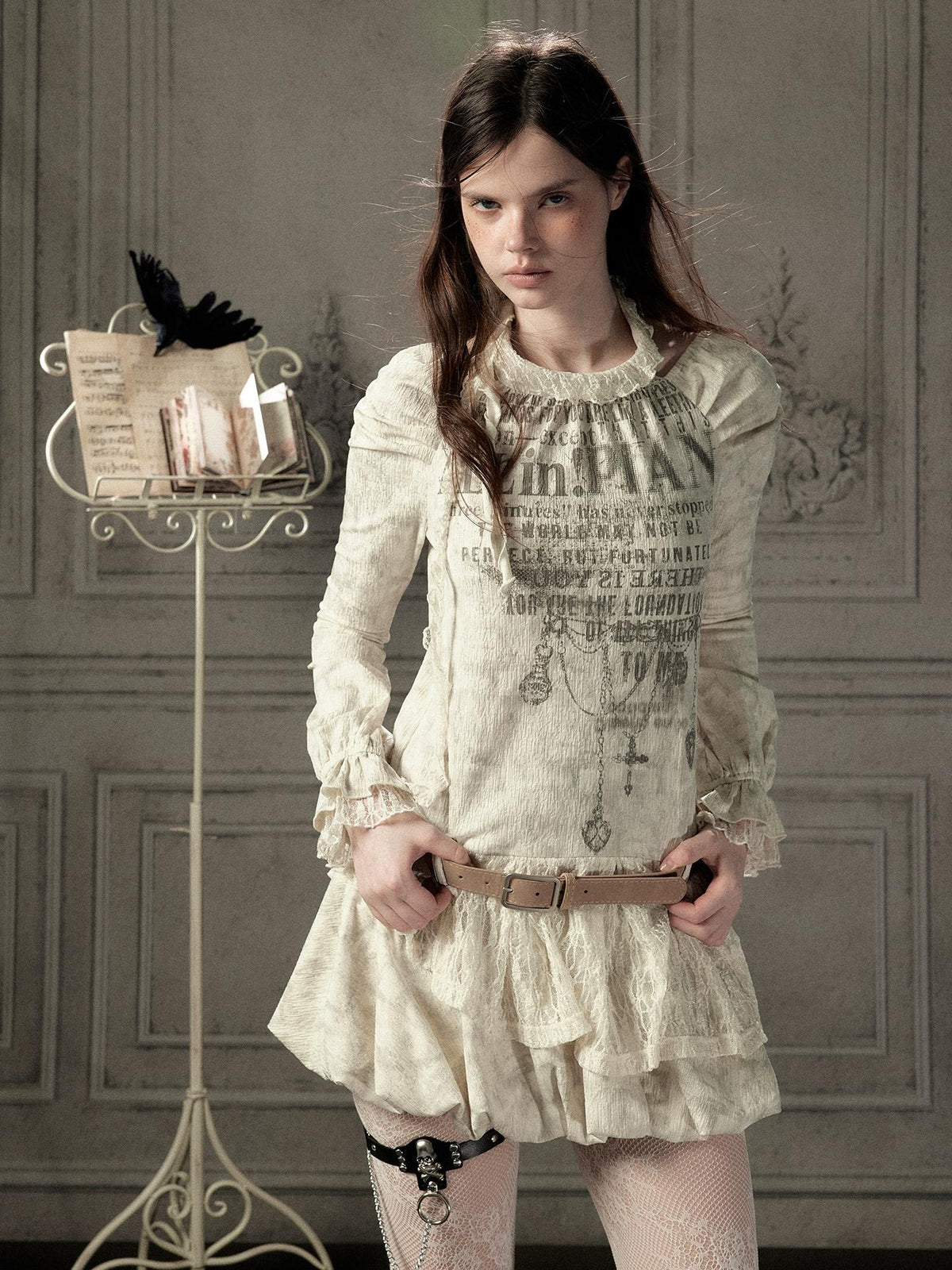 ALL iN plan Beige Halter Lace Spliced Long Sleeve Women&