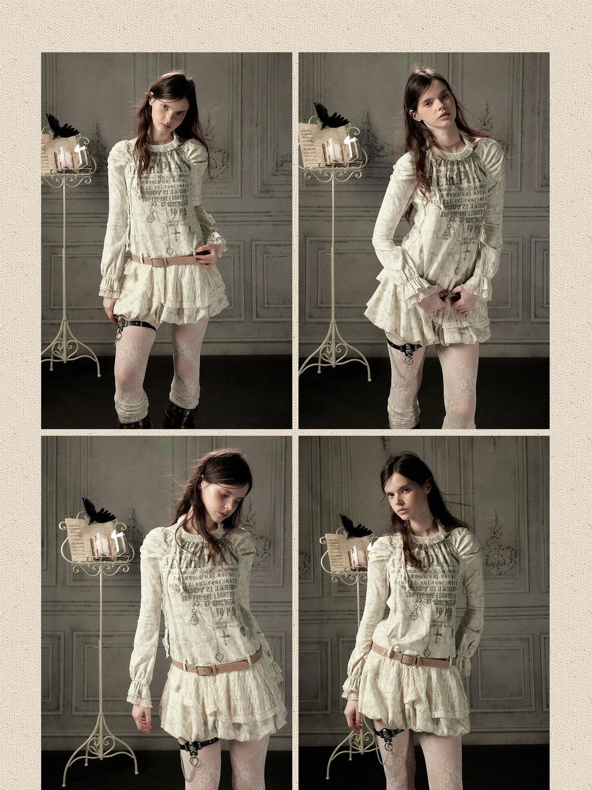 ALL iN plan Beige Halter Lace Spliced Long Sleeve Women&
