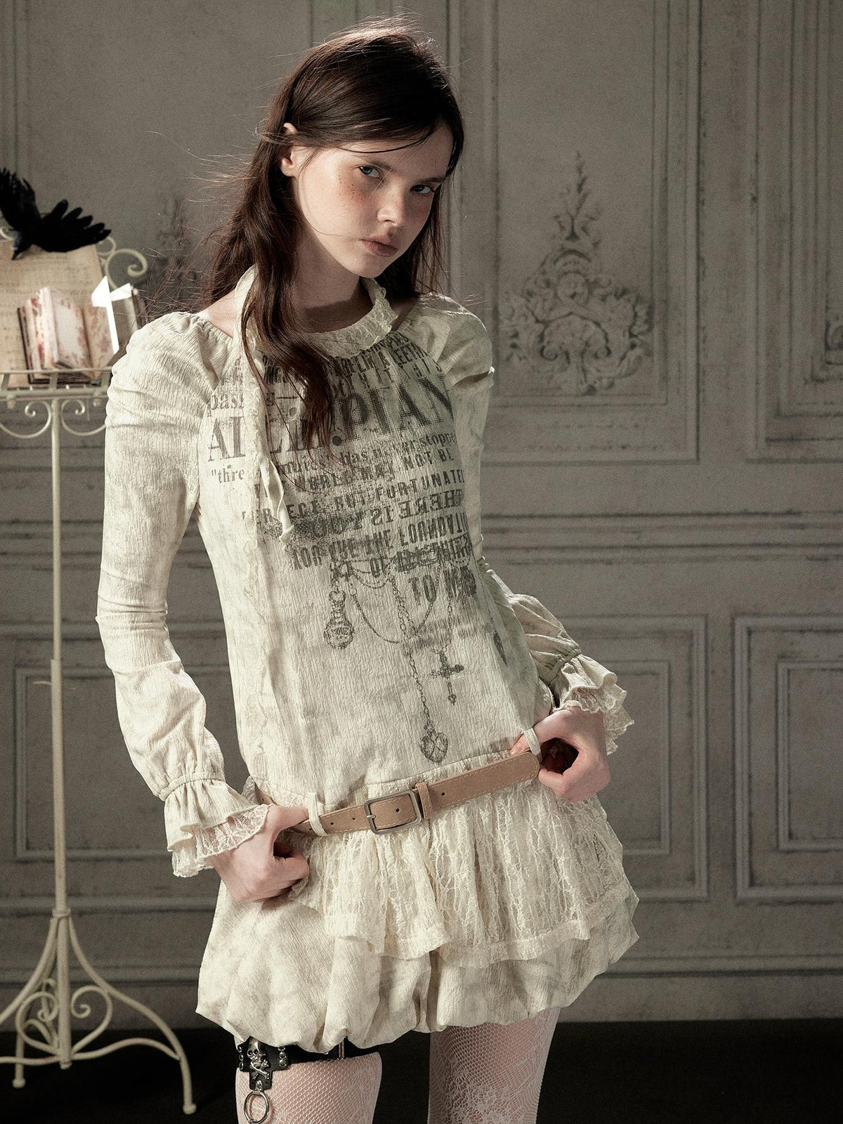 ALL iN plan Beige Halter Lace Spliced Long Sleeve Women&