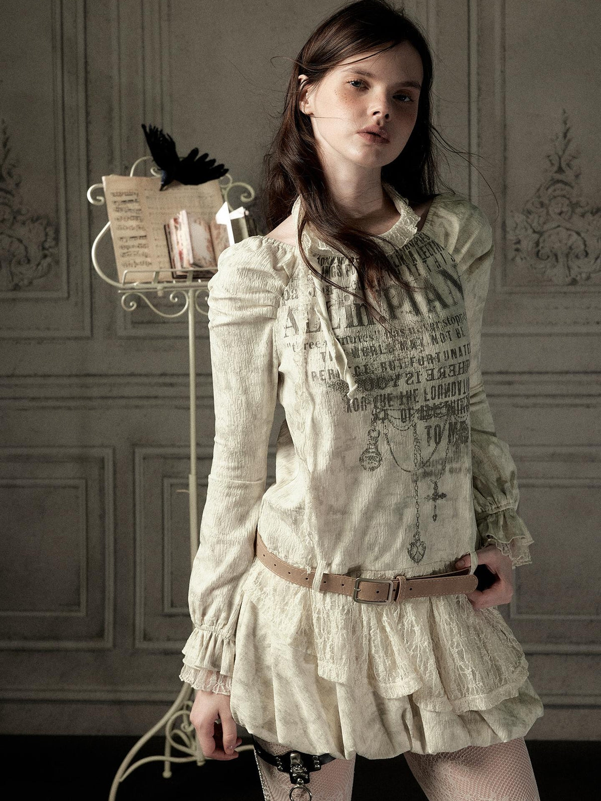 ALL iN plan Beige Halter Lace Spliced Long Sleeve Women&