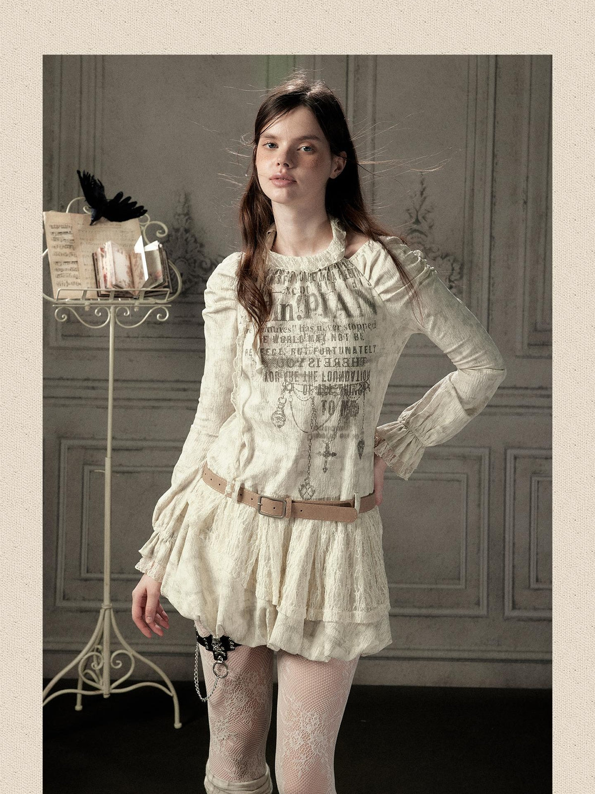 ALL iN plan Beige Halter Lace Spliced Long Sleeve Women&