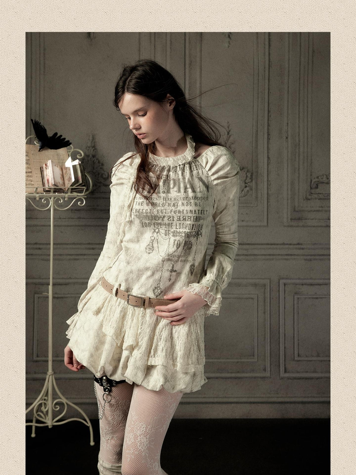 ALL iN plan Beige Halter Lace Spliced Long Sleeve Women&