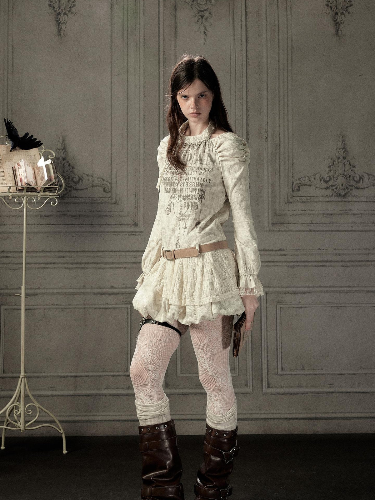 ALL iN plan Beige Halter Lace Spliced Long Sleeve Women&