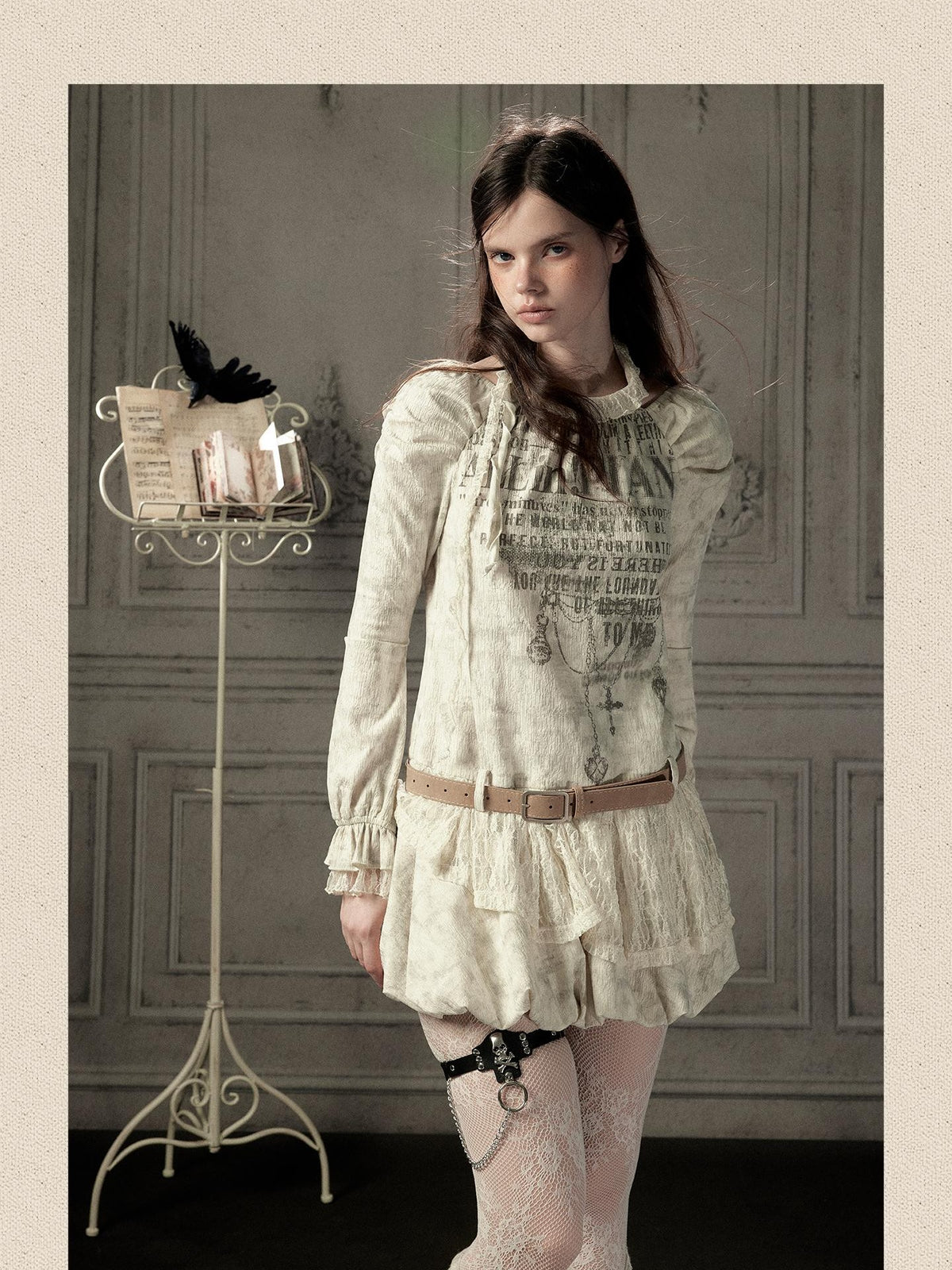 ALL iN plan Beige Halter Lace Spliced Long Sleeve Women&