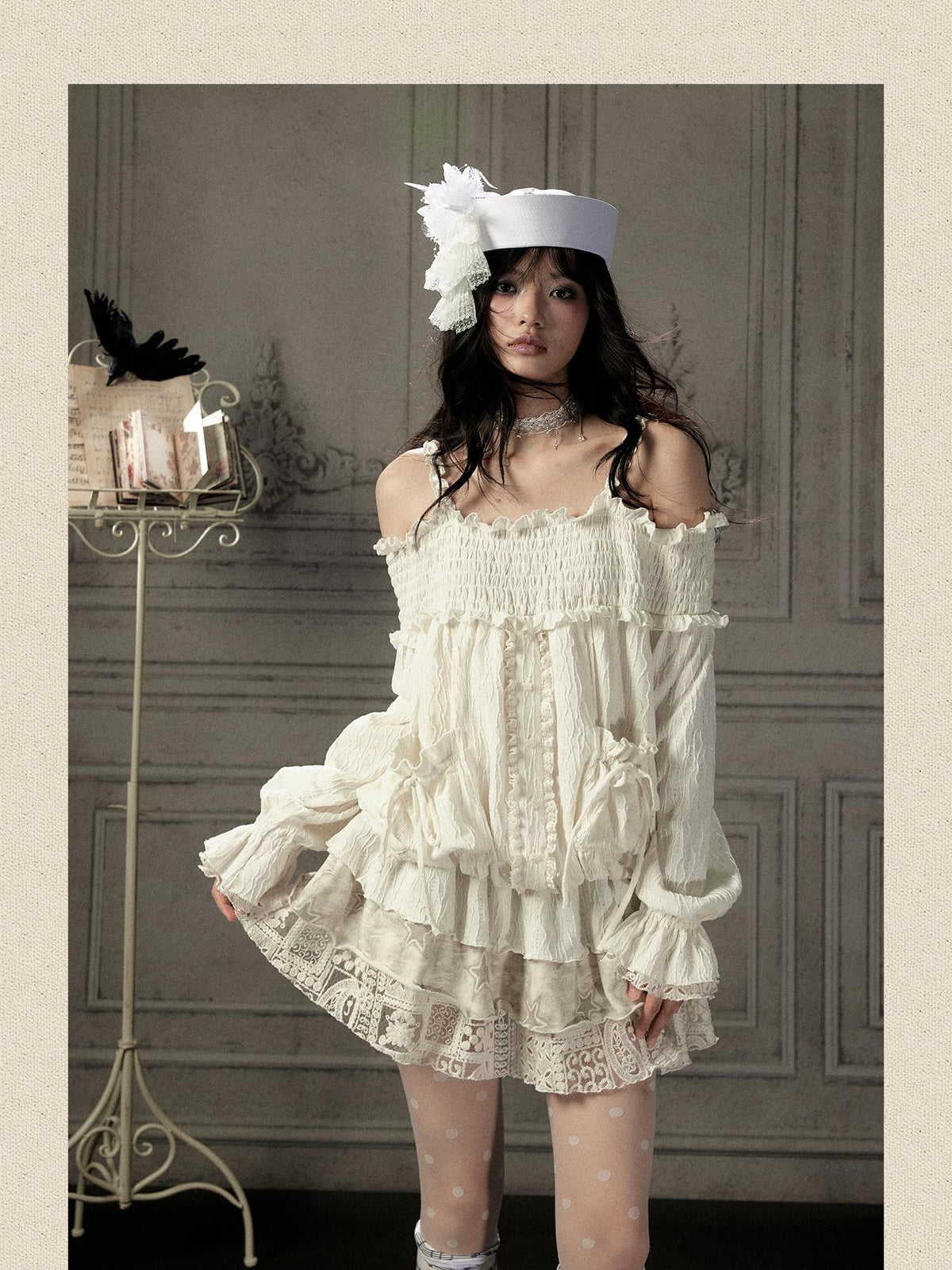 ALL iN plan Beige Lace Panel Off Shoulder Cotton Women&