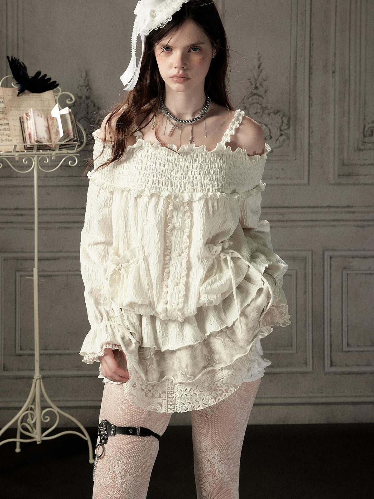 ALL iN plan Beige Lace Panel Off Shoulder Cotton Women&
