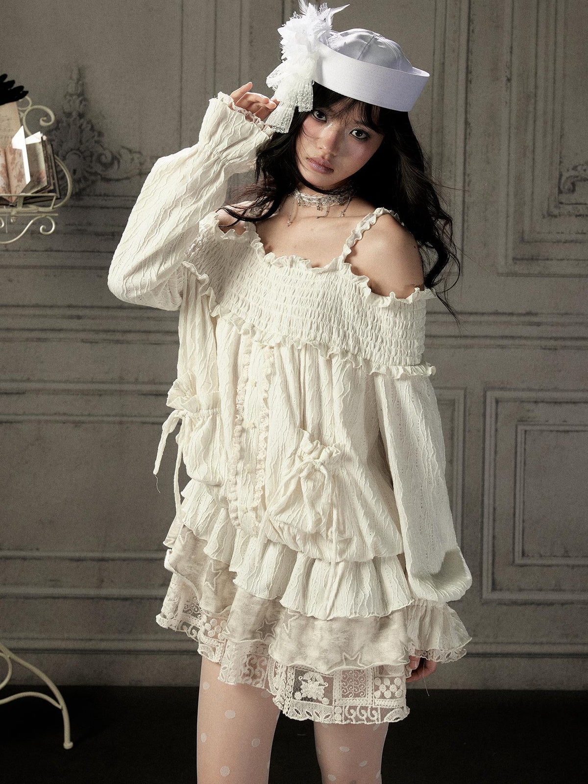 ALL iN plan Beige Lace Panel Off Shoulder Cotton Women&