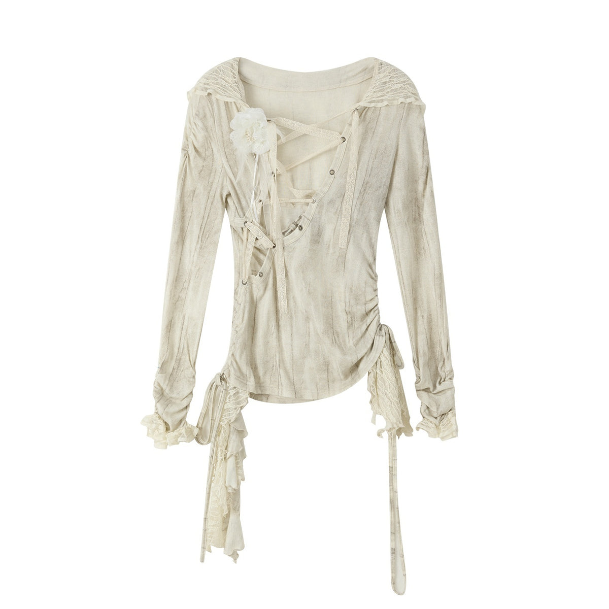 ALL_iN_plan_Beige_Lace_Spliced_Tie_Front_Women&